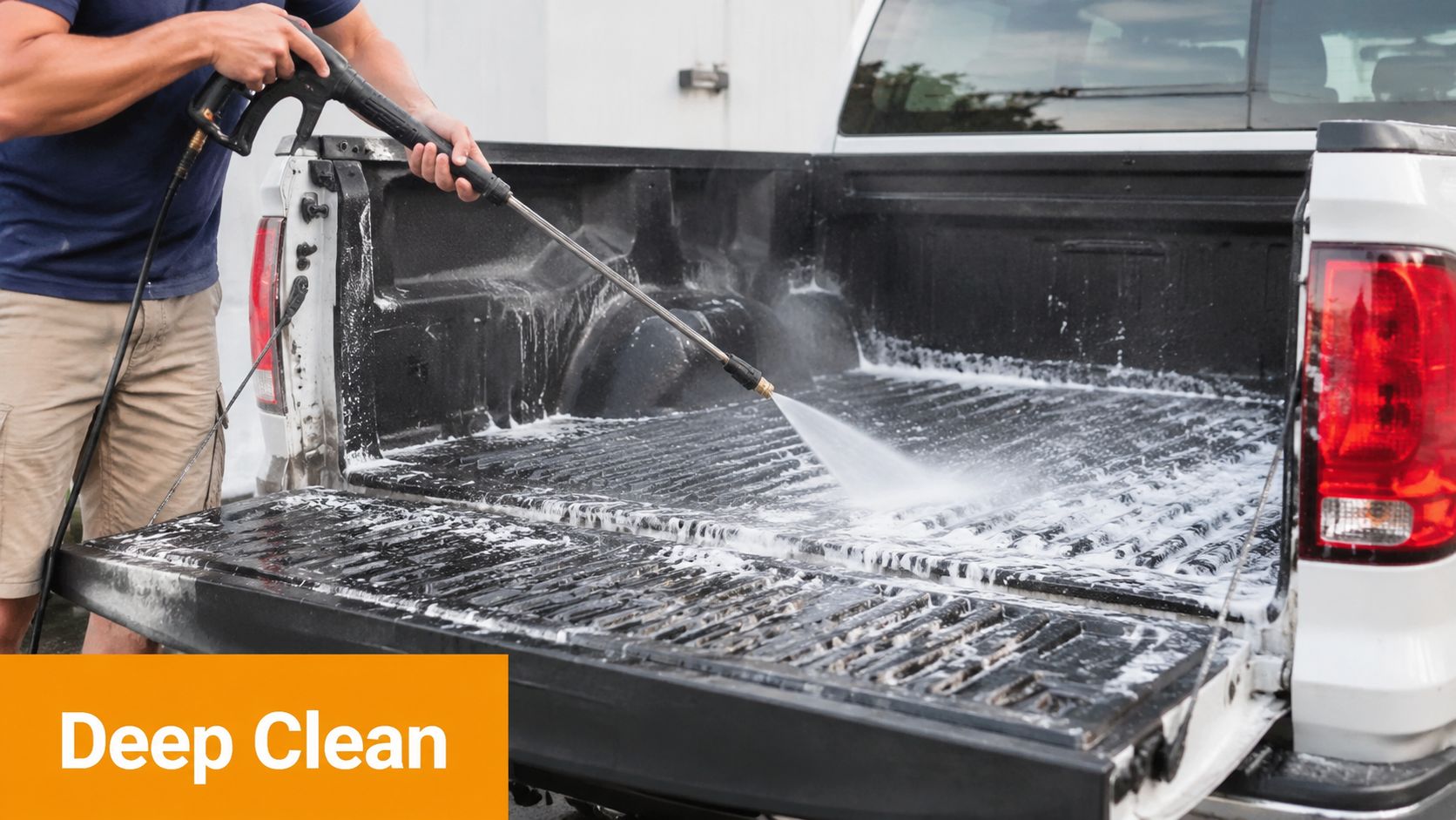 A person using a high-pressure washer to clean the soap-covered bed of a white pickup truck.