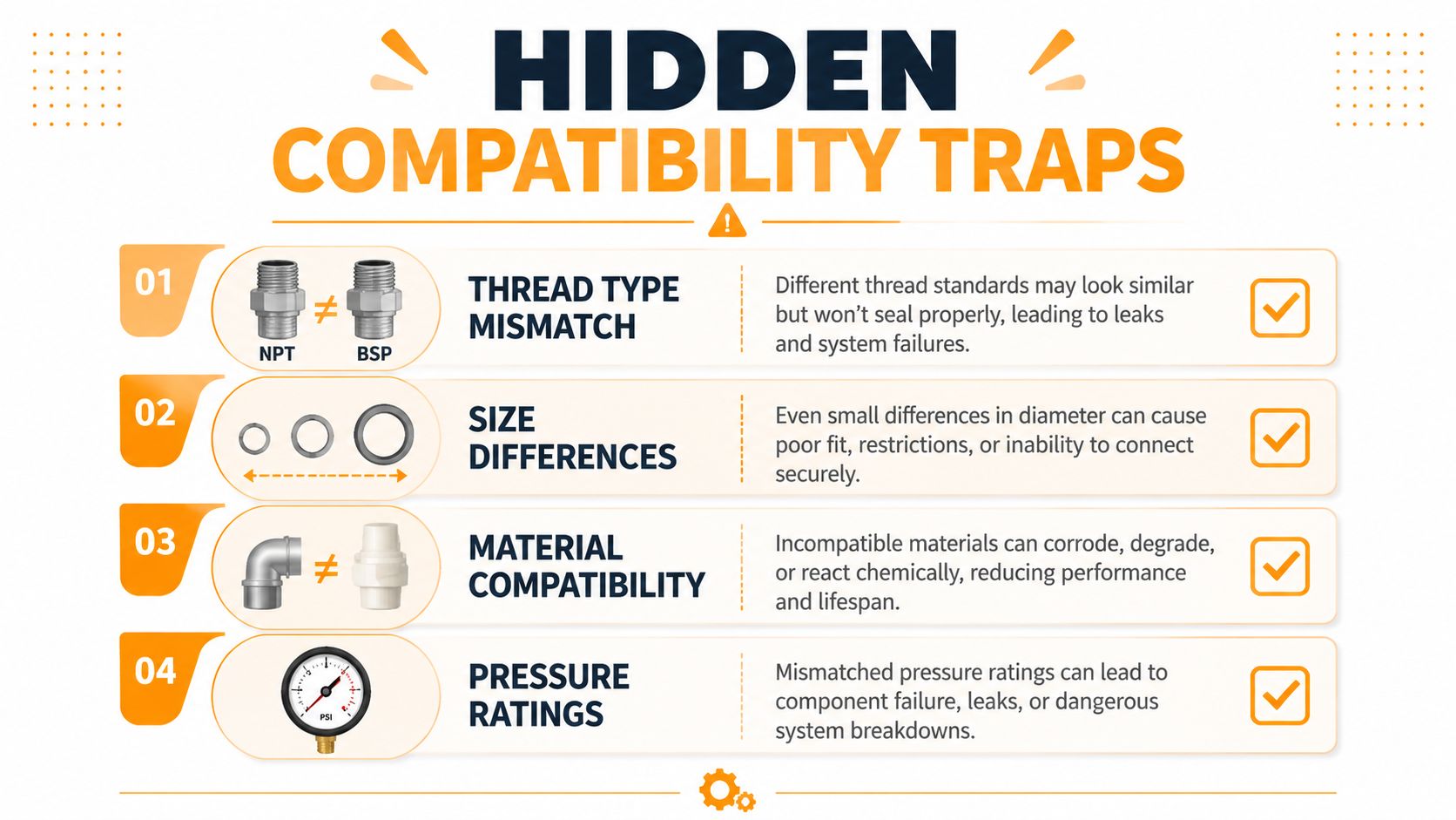 An infographic titled Hidden Compatibility Traps explaining common issues like thread mismatch, size, material, and pressure differences.