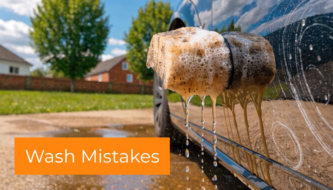 A dirty sponge washing a car panel with brown soapy water dripping down, illustrating common cleaning mistakes.