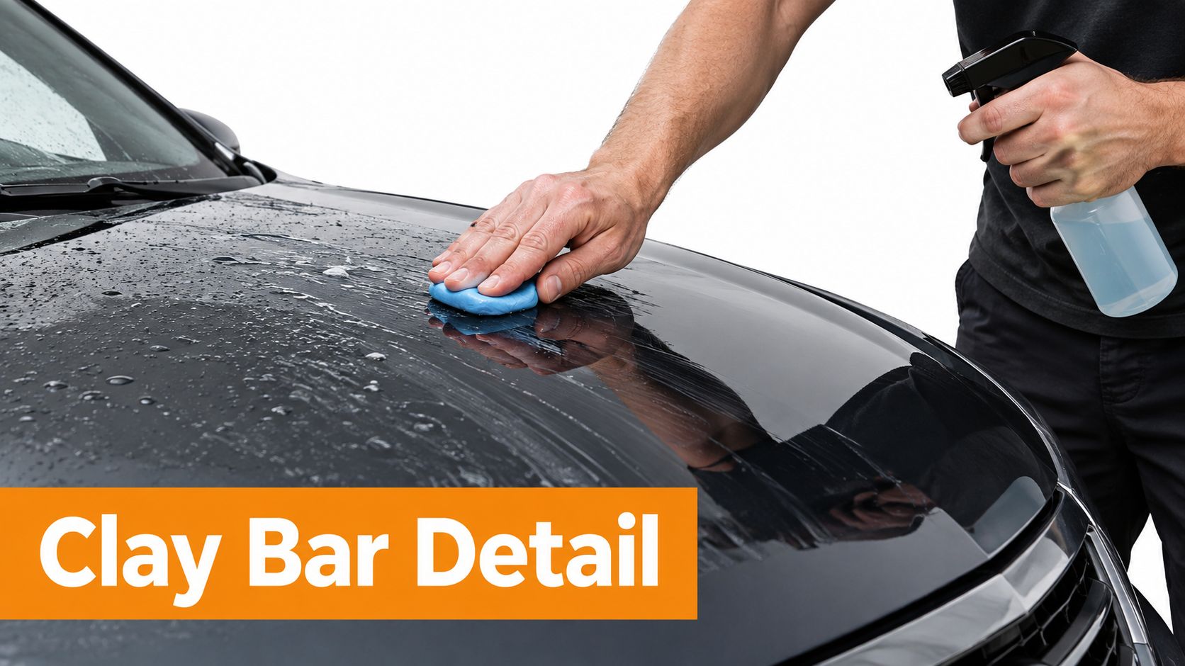 A person uses a blue clay bar and lubricant spray to remove contaminants from a black car hood.