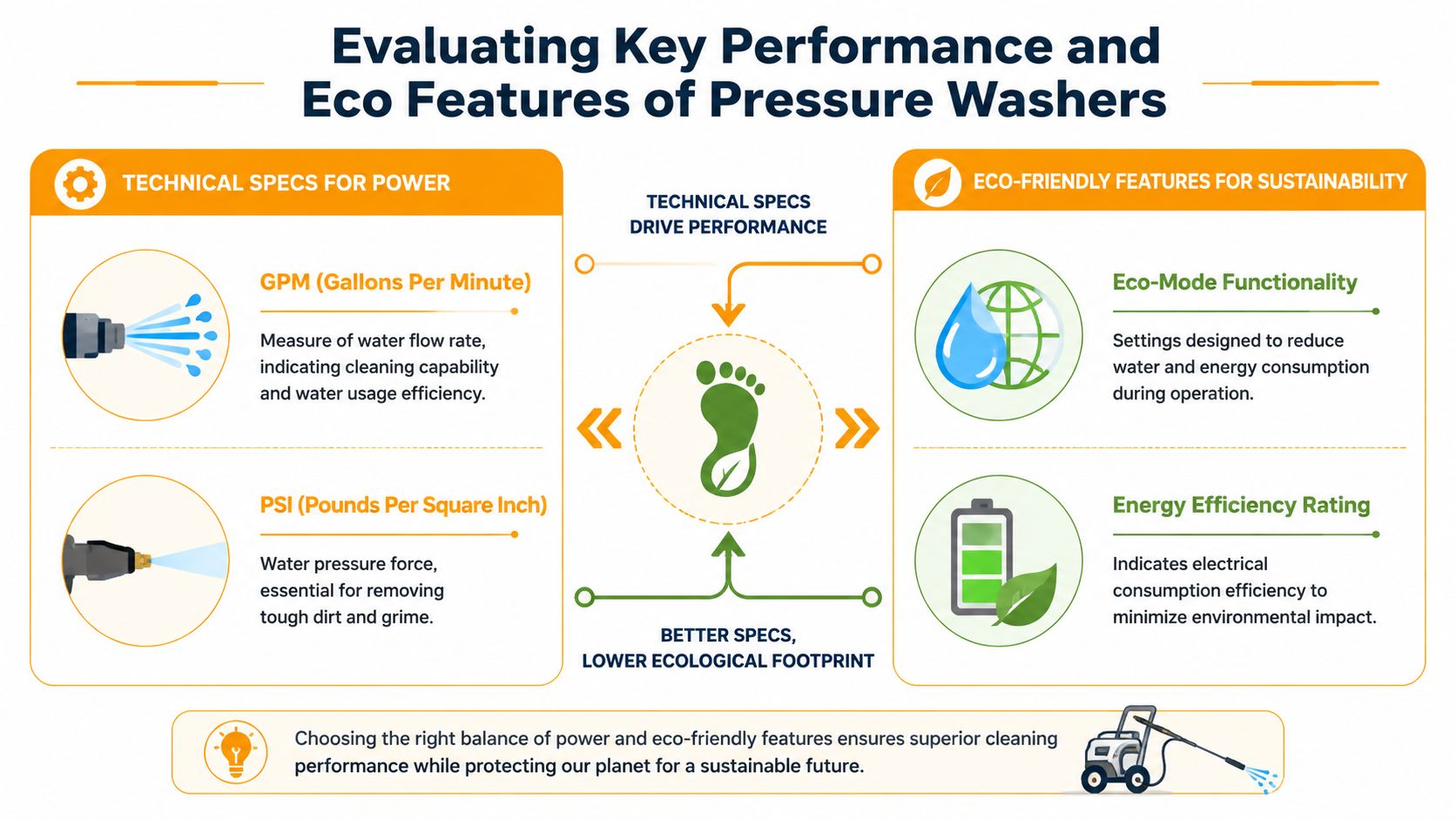 An infographic showing the balance between technical performance specs and eco-friendly features for sustainable pressure washers.