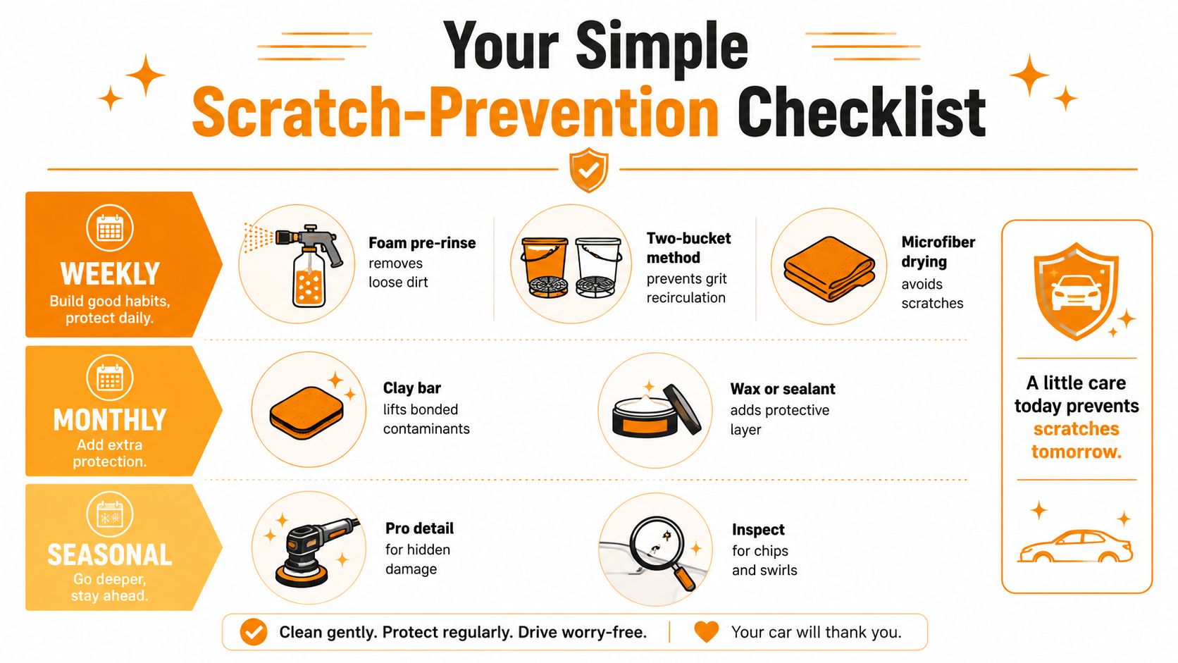 An infographic titled Your Simple Scratch-Prevention Checklist, displaying maintenance steps organized by weekly, monthly, and seasonal car care.
