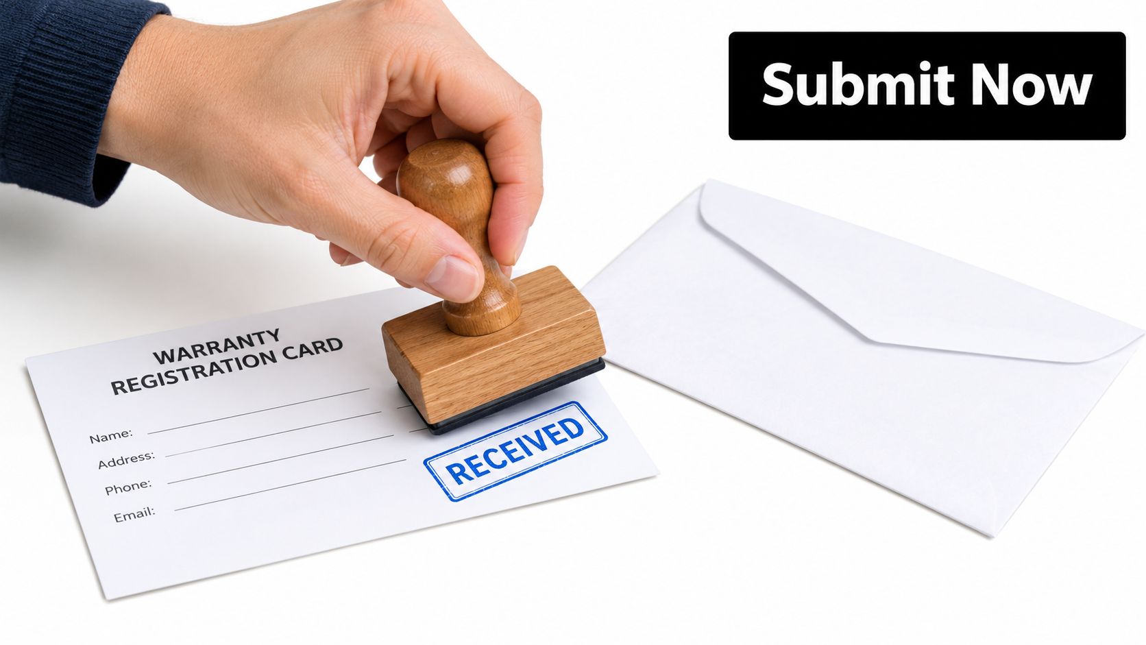 A hand stamping a warranty registration card with a Received stamp next to a white envelope.
