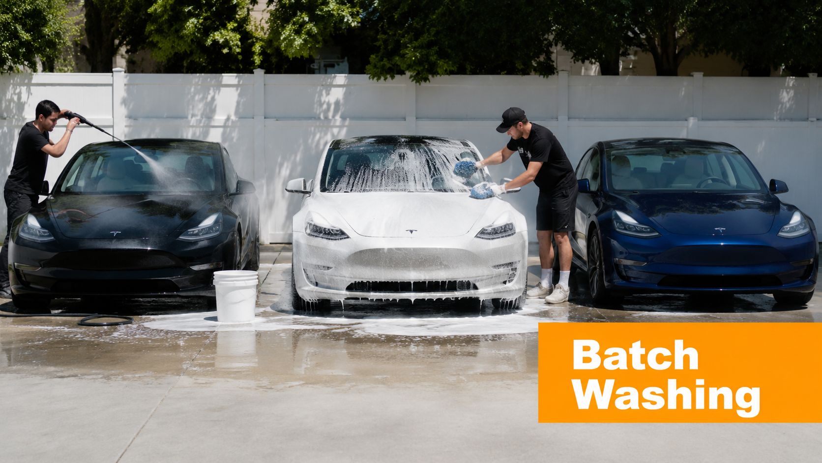 Two professional workers washing a black, white, and blue Tesla simultaneously in an outdoor driveway.
