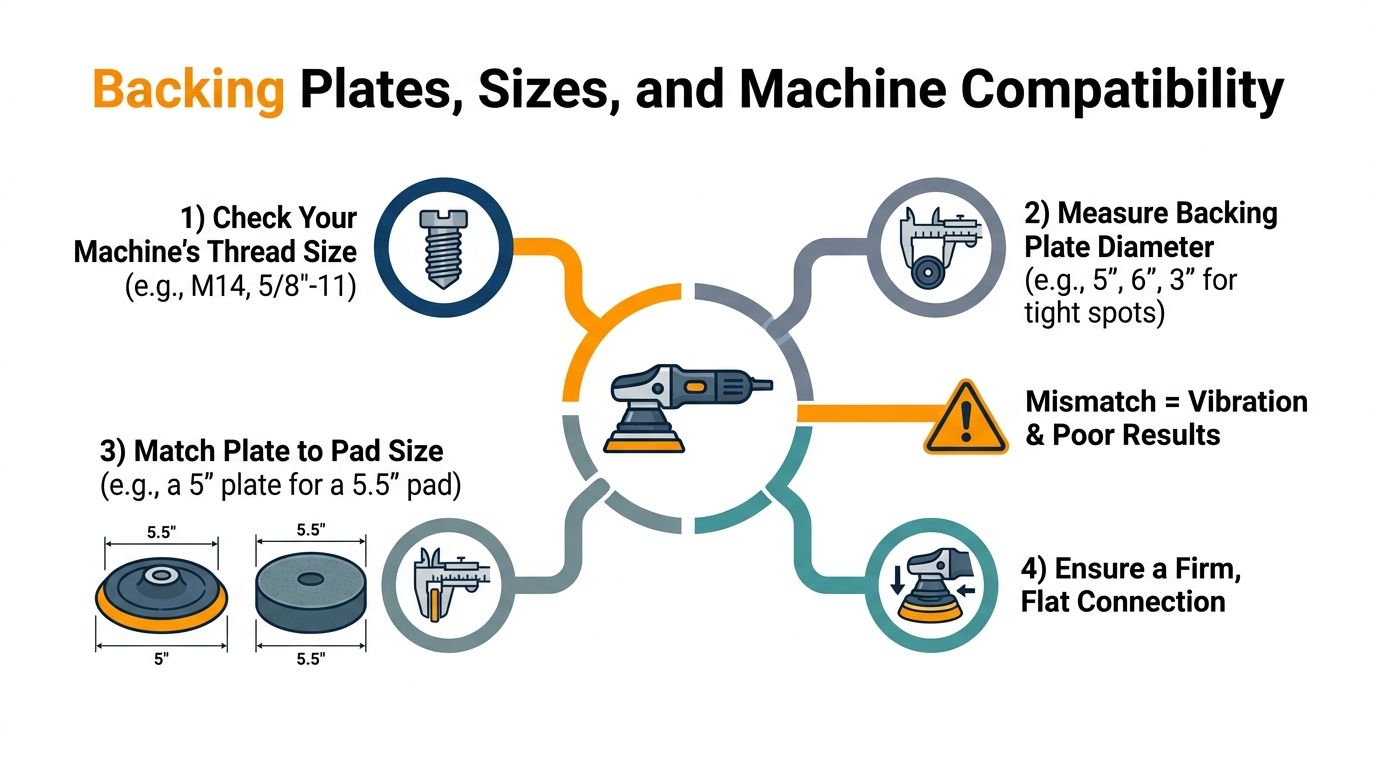 An infographic illustrating four key steps for choosing and installing a backing plate on a polishing machine.