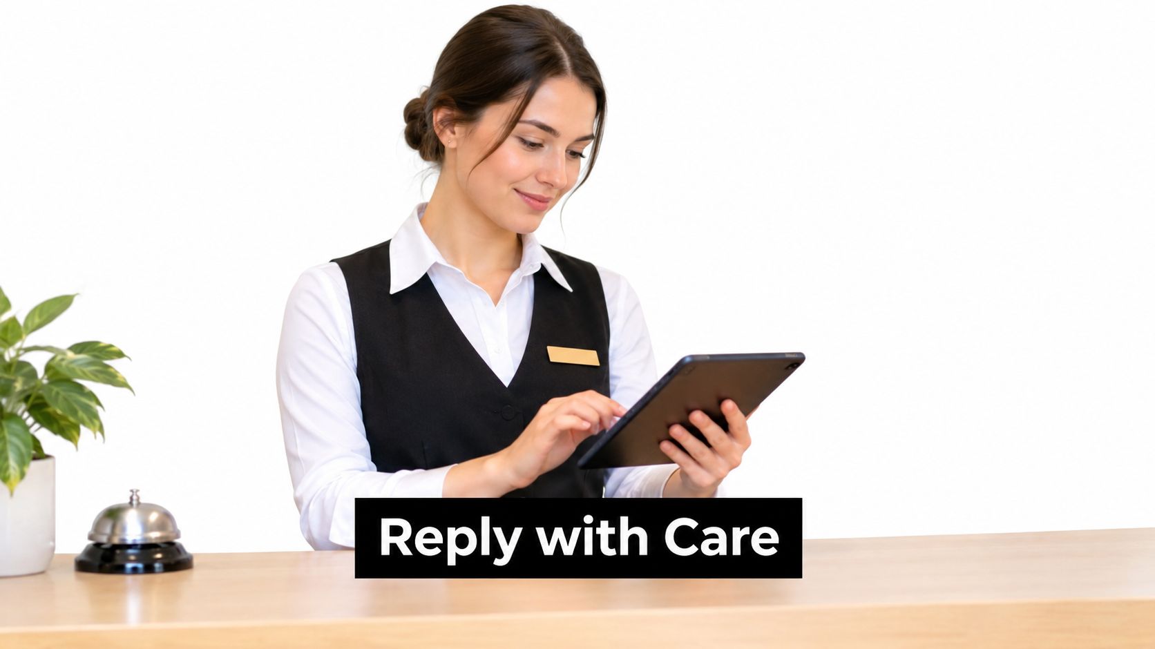 A professional hotel receptionist in a uniform using a tablet at the front desk with a bell.