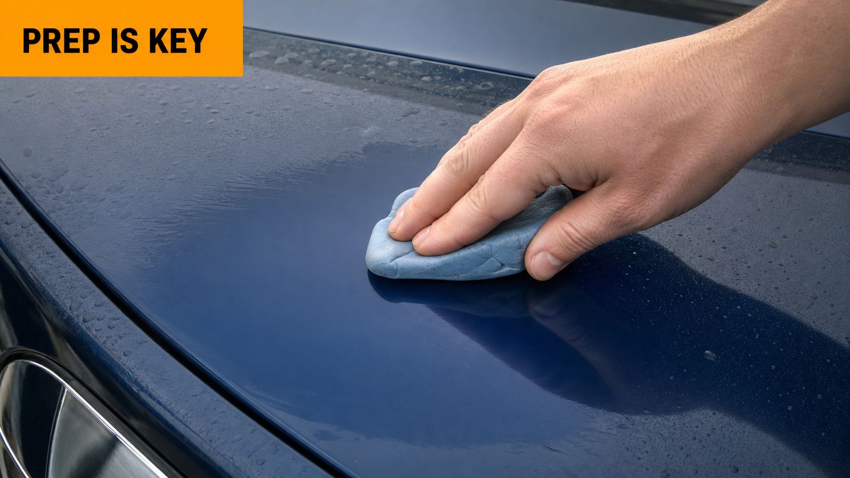 A person using a blue clay bar to clean and prep the surface of a blue car hood.