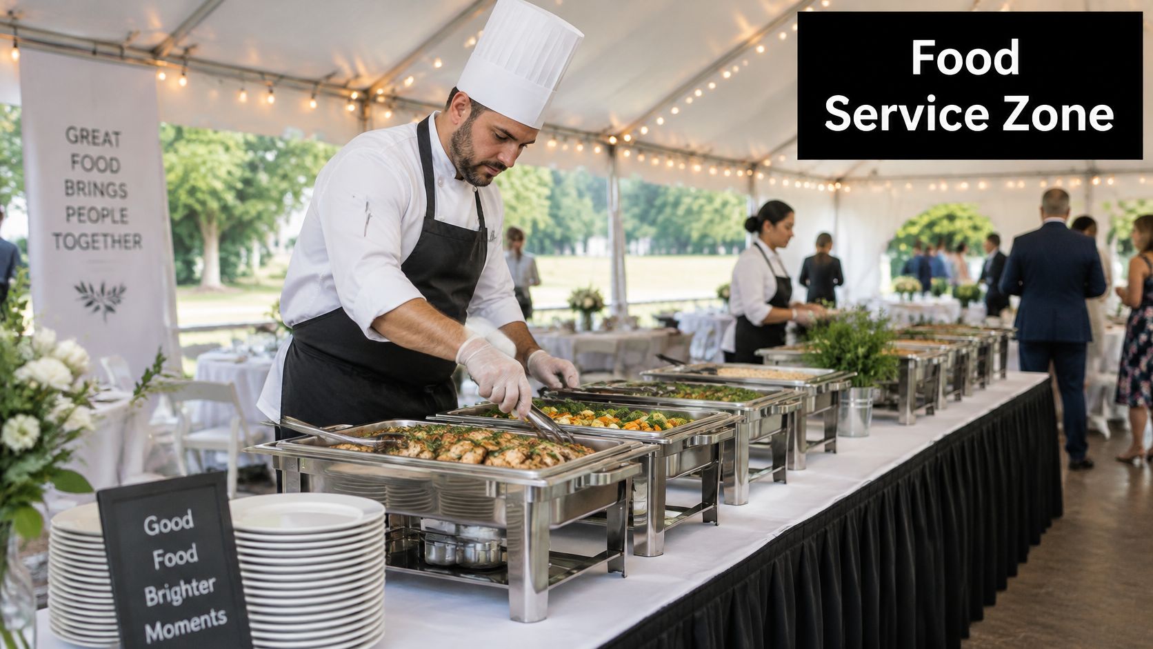 A professional chef in uniform serving food from chafing dishes at an elegant outdoor party tent event.
