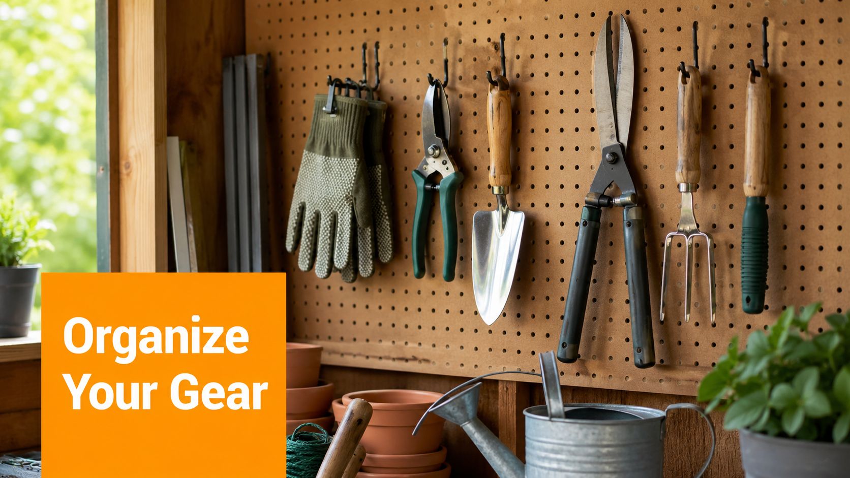 A pegboard displaying organized gardening tools like shears, a trowel, and gloves above stacked clay pots.