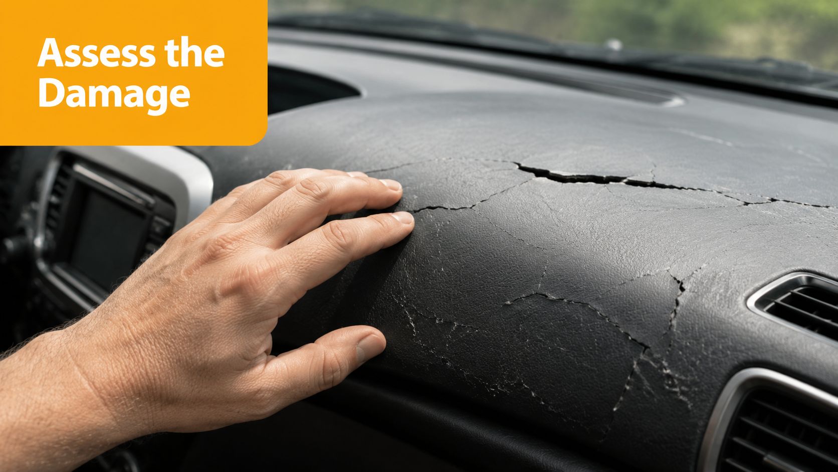 A hand touches a badly cracked and damaged car dashboard, indicating a need for professional repair.