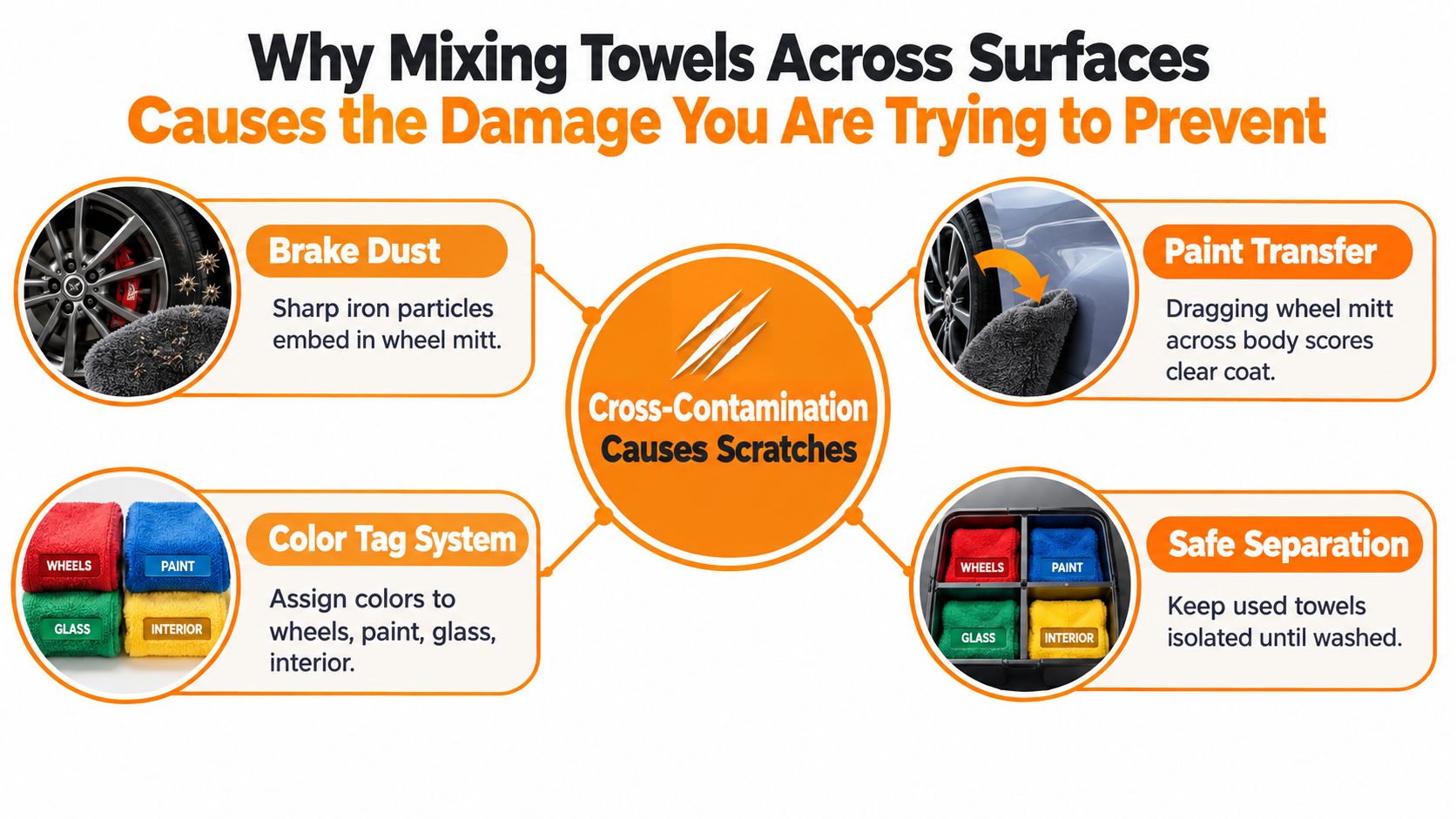 An infographic explaining how using separate color-coded towels prevents cross-contamination and car surface scratches.