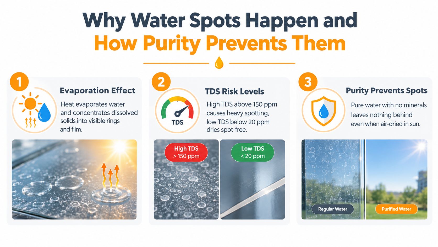 An infographic explaining how water evaporation and total dissolved solids cause spots, and why purified water prevents them.
