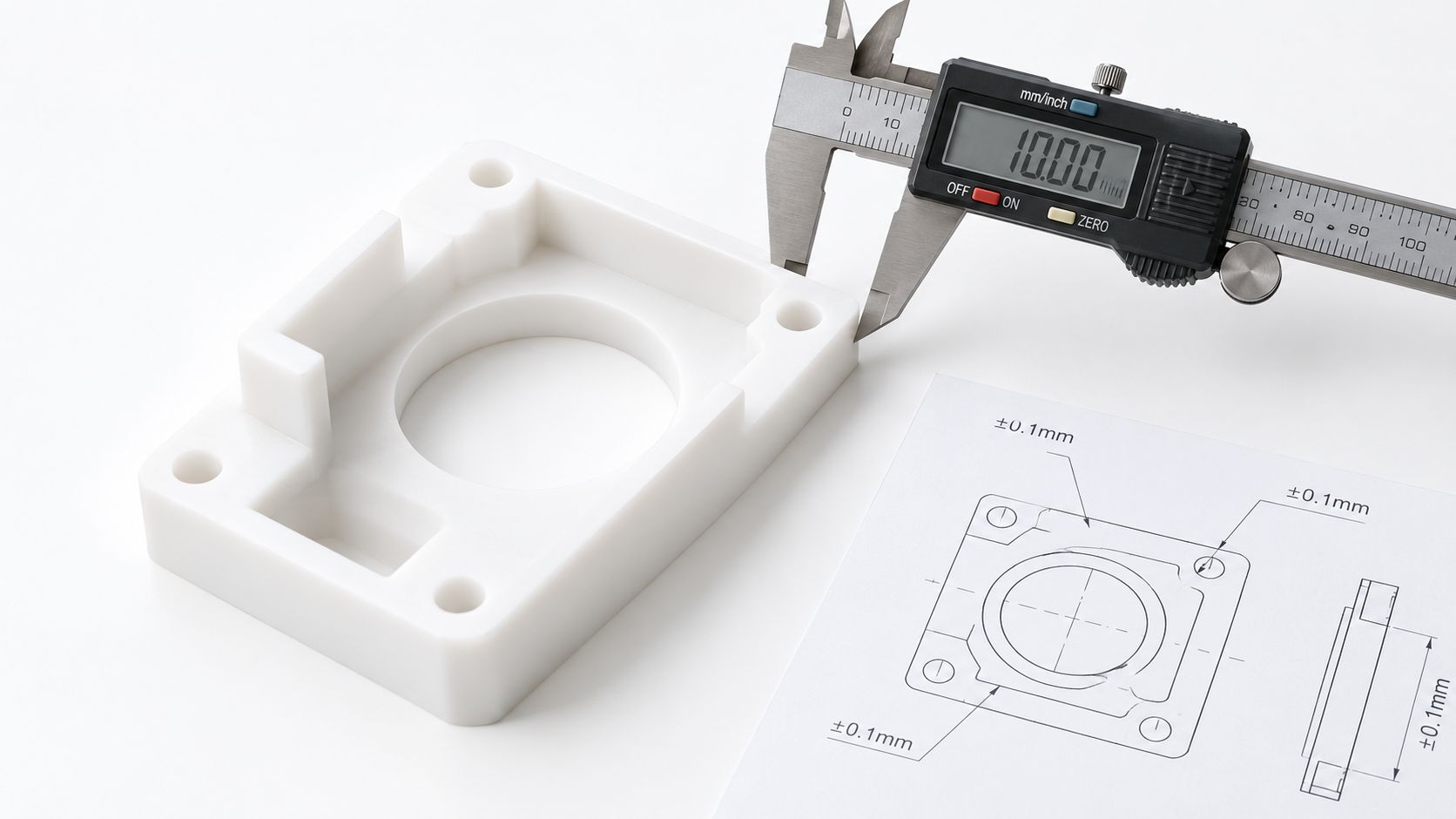 A digital caliper measures the thickness of a white plastic injection molding prototype part on a desk.