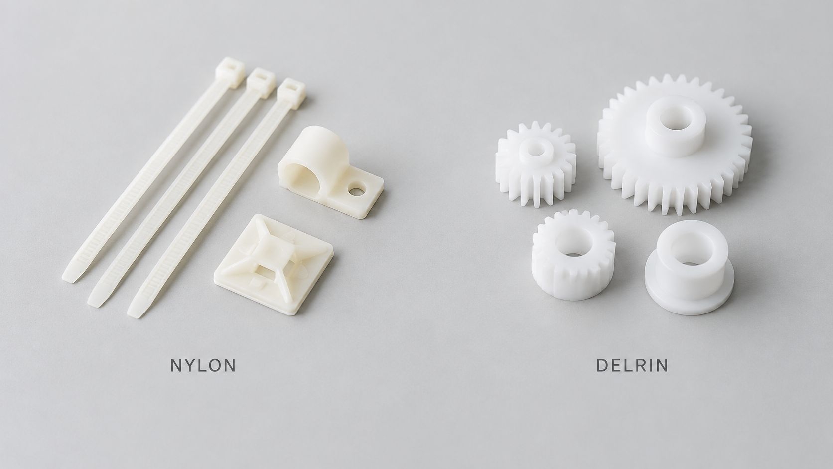 A comparison image showcasing various plastic parts made from Nylon and Delrin on a grey background.