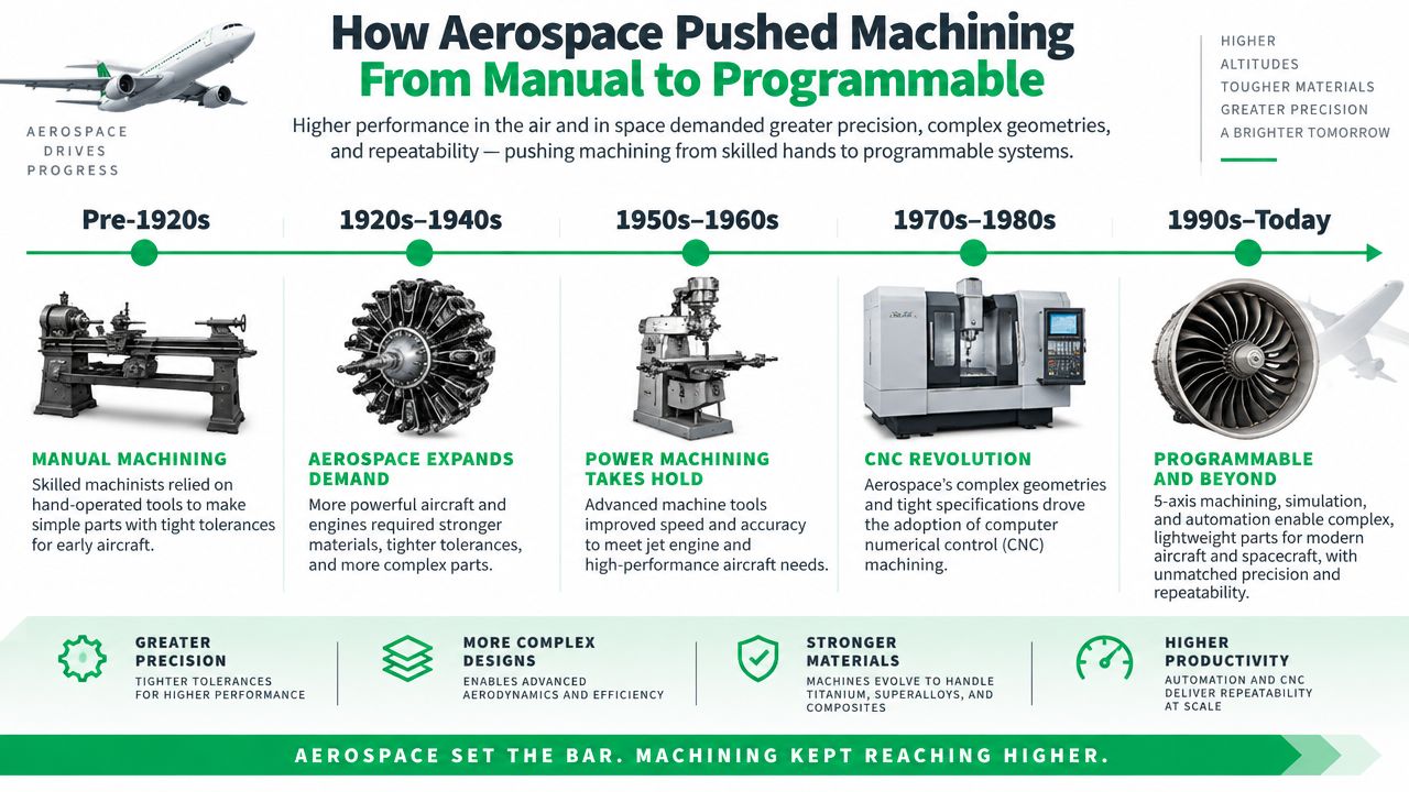 A timeline infographic illustrating the evolution of aerospace manufacturing from manual machining to modern programmable CNC automation technology.
