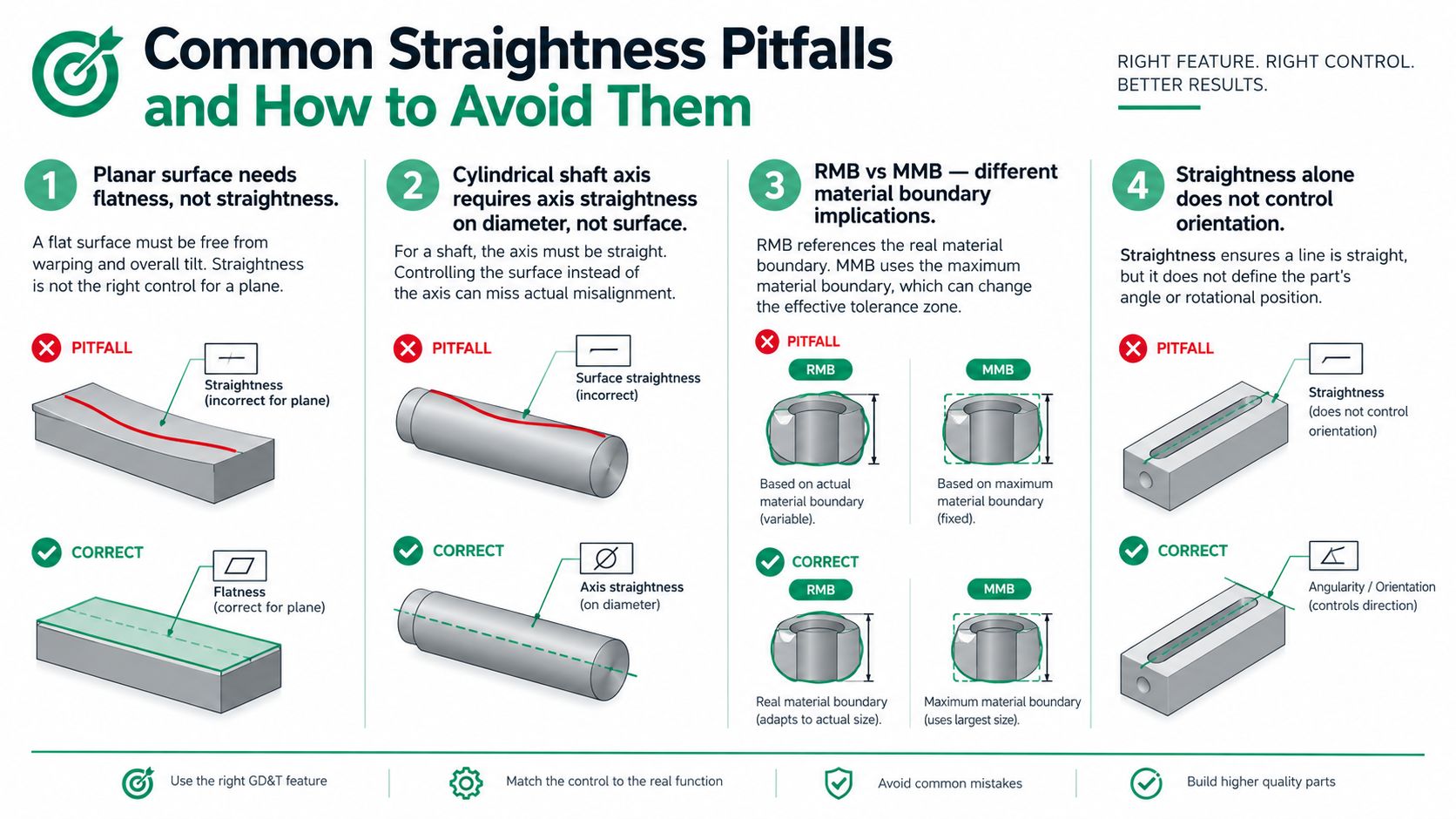 An infographic detailing four common pitfalls in geometric dimensioning and tolerancing for straightness control in engineering design.