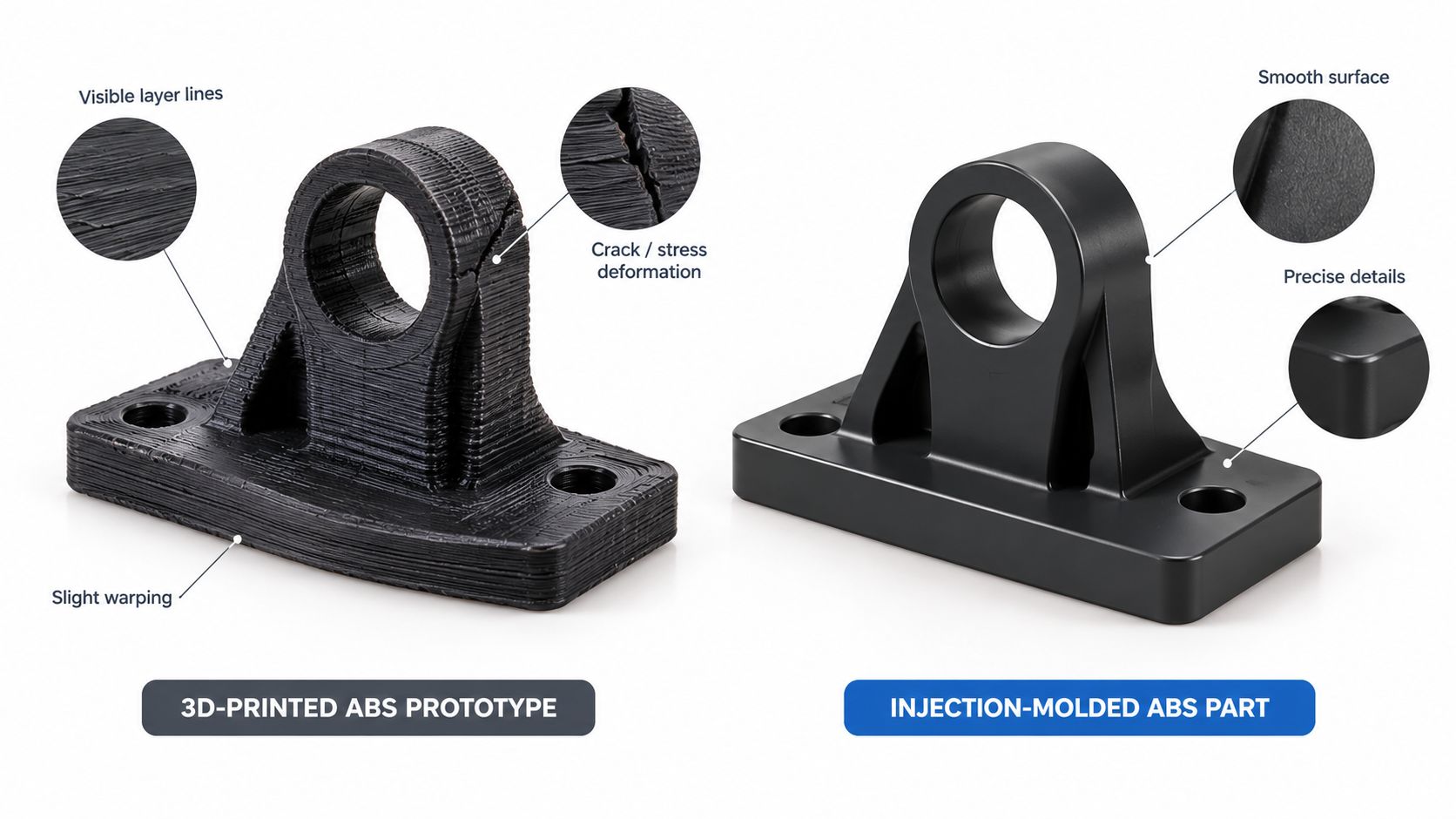 A side-by-side comparison showing a rough 3D-printed ABS prototype and a smooth injection-molded ABS part.