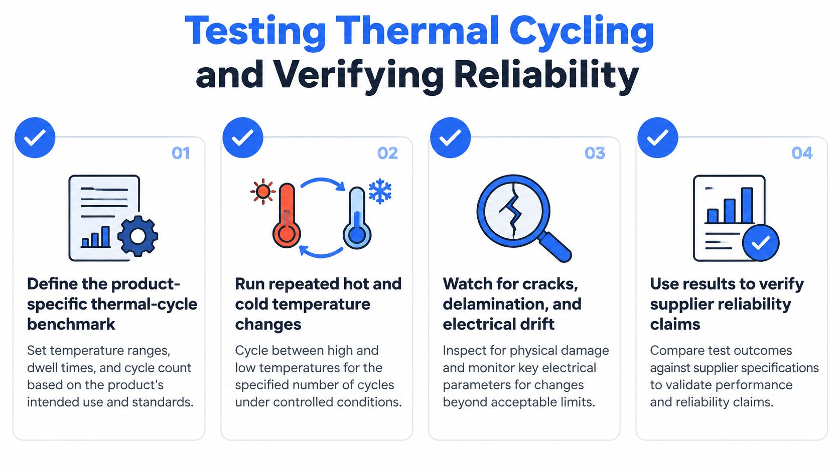 A four-step infographic illustrating the process of testing thermal cycling and verifying reliability for electronic components.