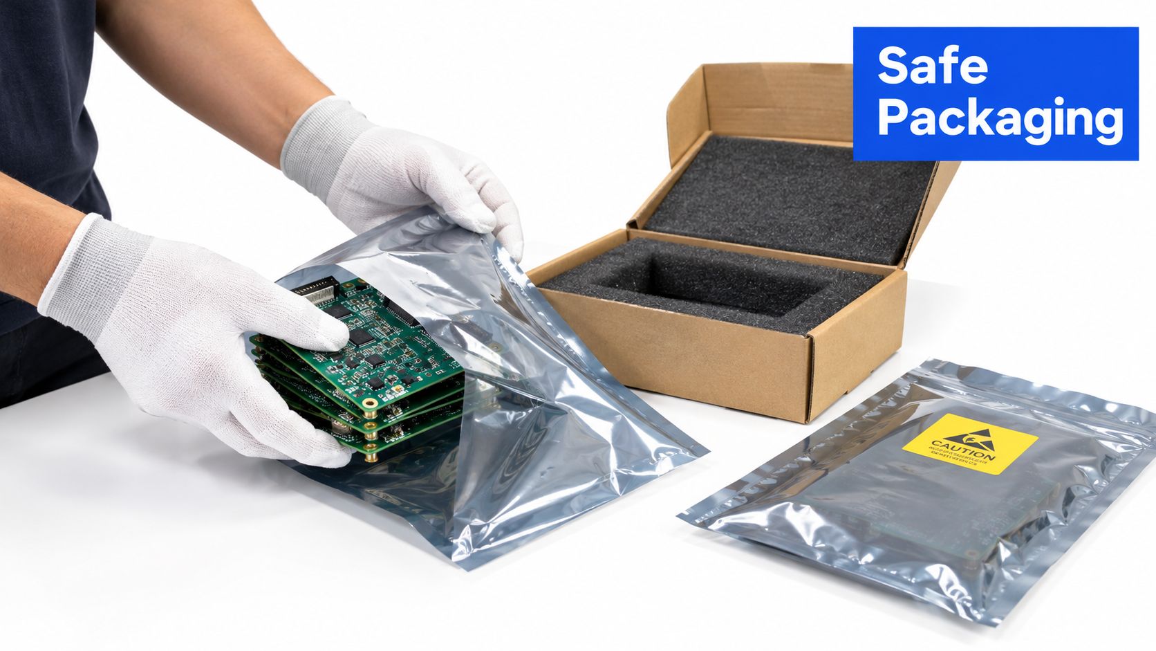 A person wearing white gloves packages stacked electronic circuit boards into an anti-static protective bag for shipment.
