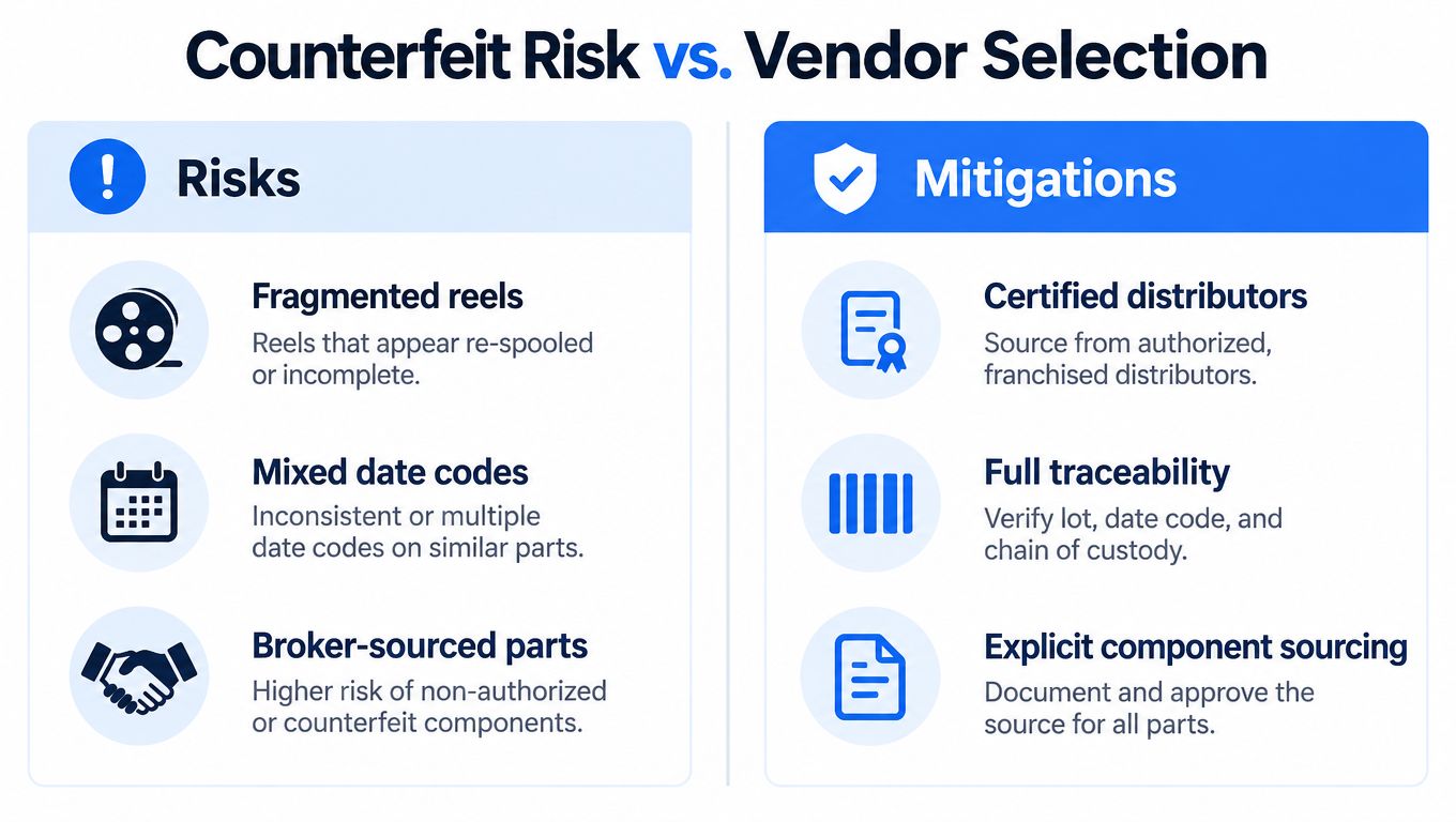 A comparison chart outlining risks of counterfeit electronic components versus vendor selection mitigation strategies.