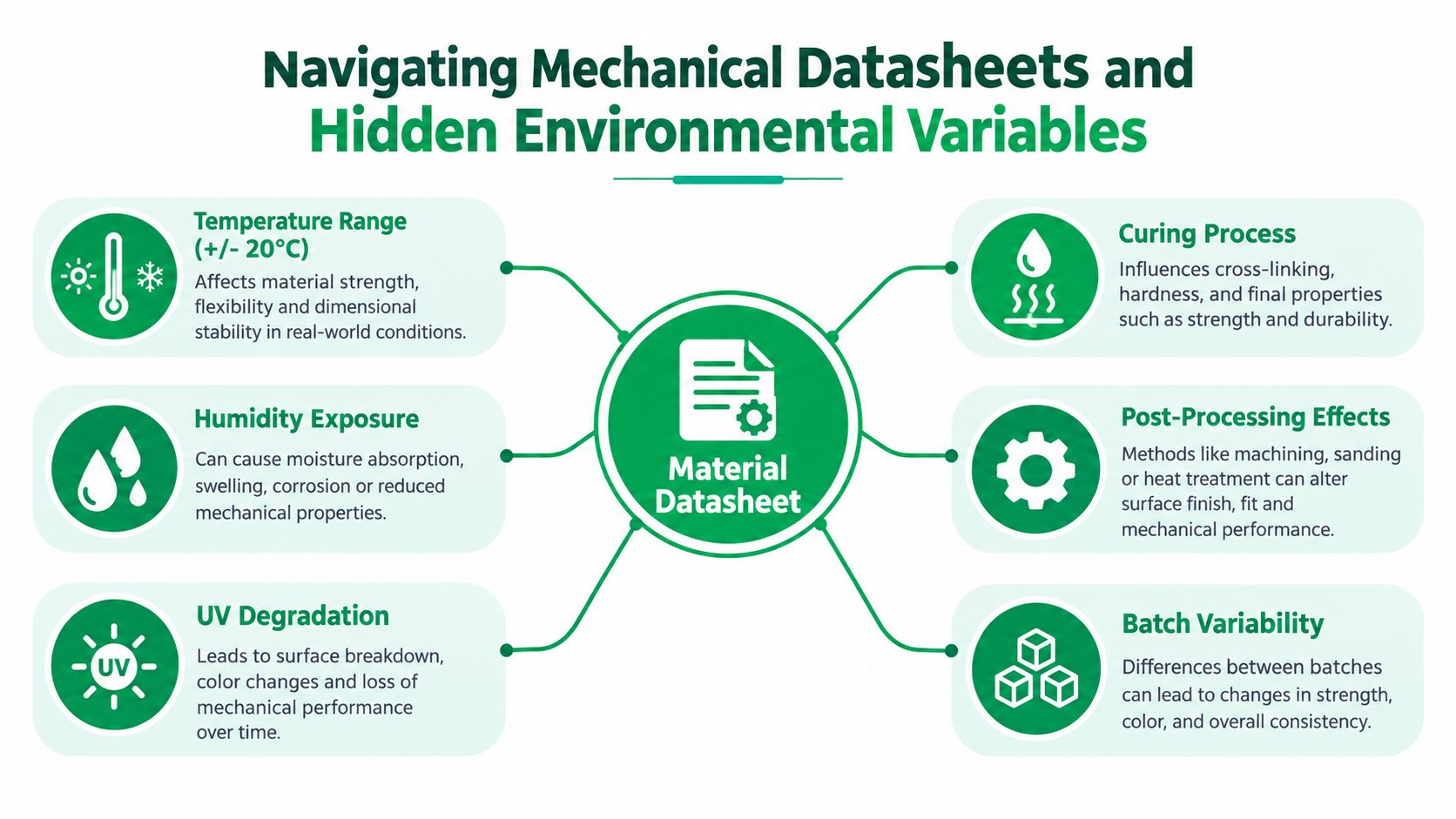An infographic titled Navigating Mechanical Datasheets highlighting six environmental factors that affect material performance for engineering applications.