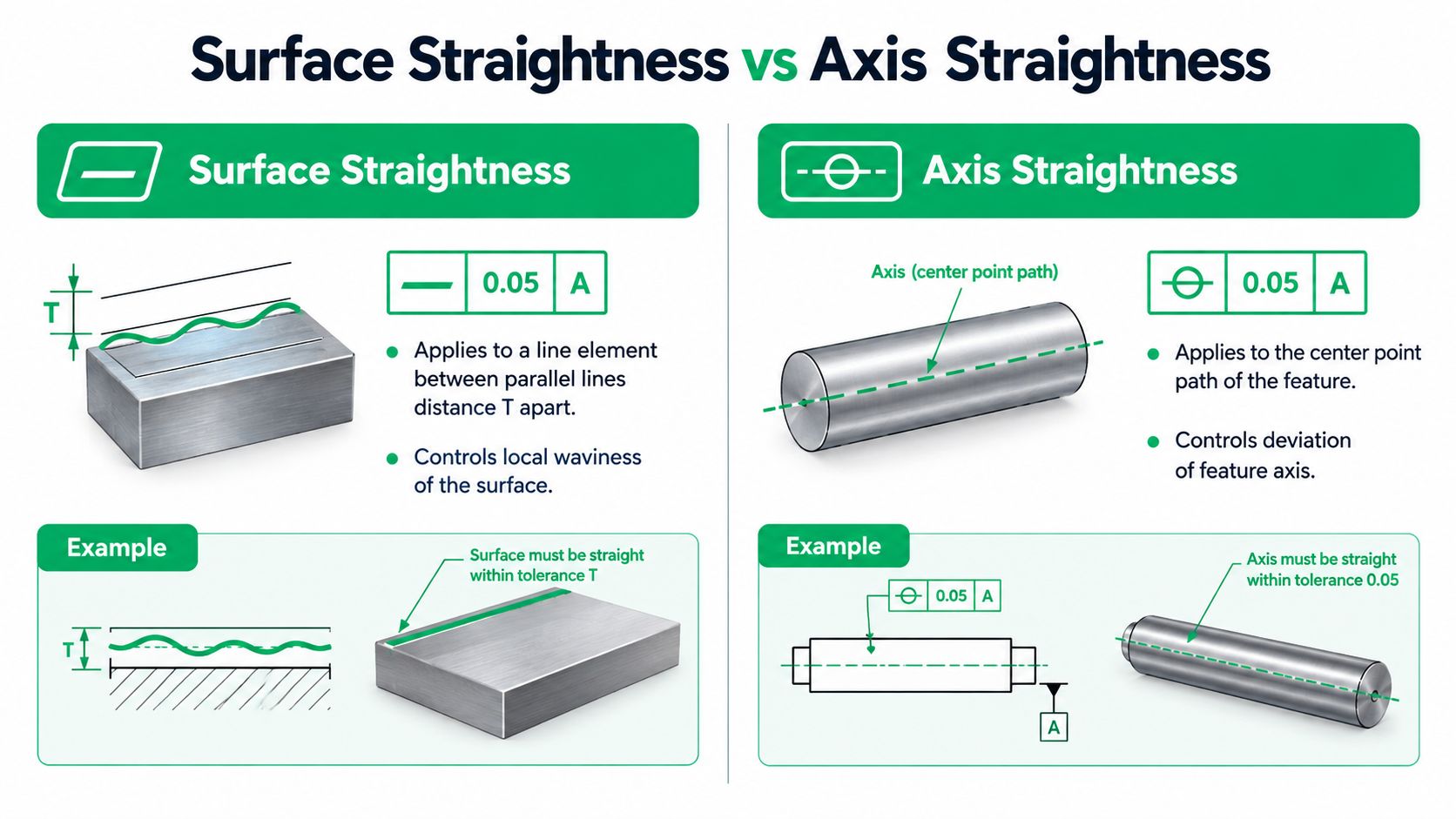 An infographic comparing surface straightness and axis straightness, illustrating their geometric definitions, applications, and tolerance control.
