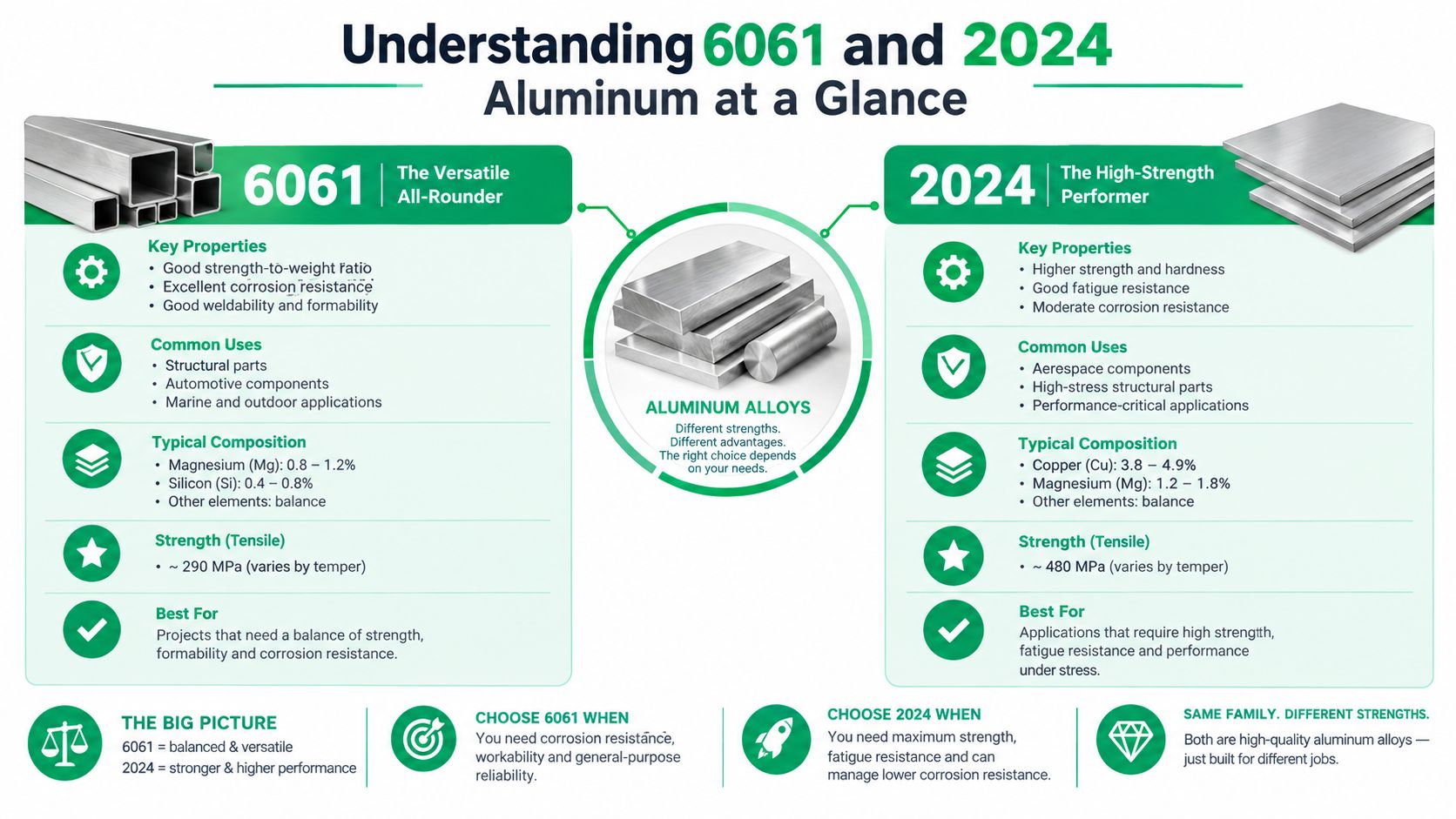 A comparison infographic between 6061 and 2024 aluminum alloys highlighting their unique properties and best applications.