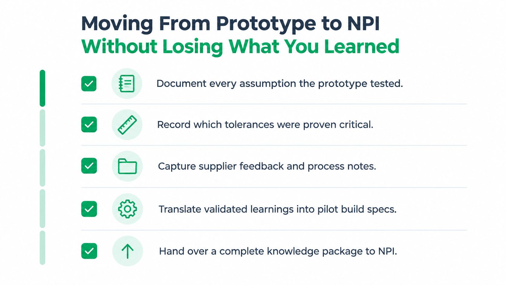 A checklist infographic titled Moving From Prototype to NPI outlining five steps to preserve knowledge.
