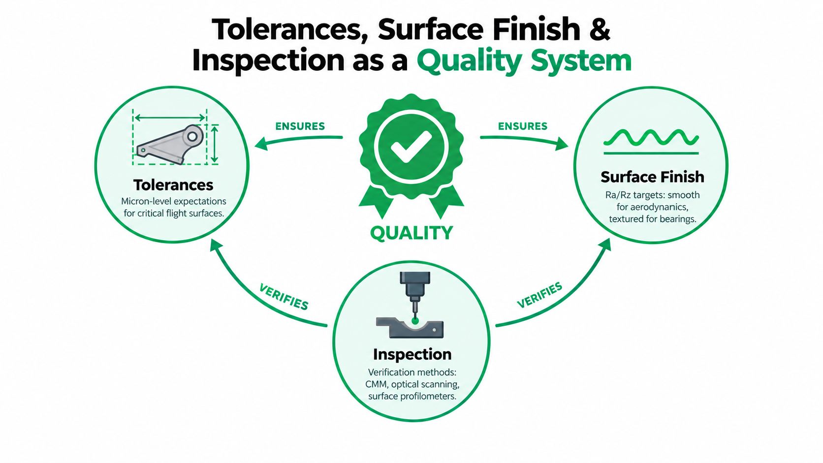 A diagram illustrating how tolerances, surface finish, and inspection form a complete quality system for manufacturing.