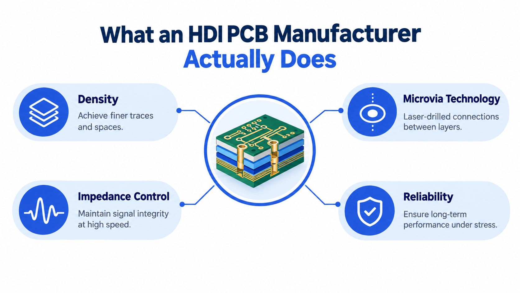 A diagram illustrating the core capabilities of an HDI PCB manufacturer, including density, microvia technology, impedance control, and reliability.