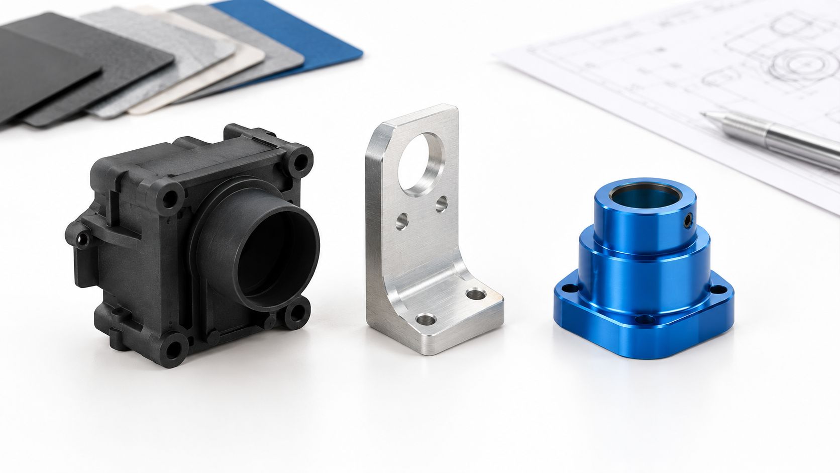 A collection of manufactured industrial parts and a technical drawing layout on a white workspace surface.