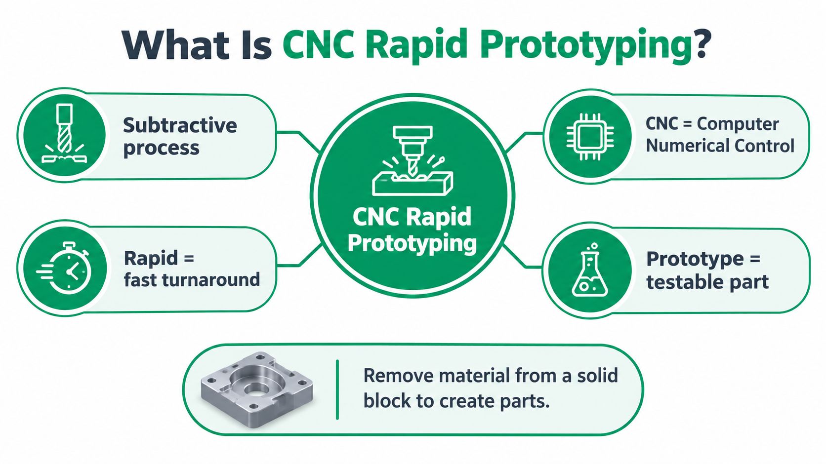 A diagram explaining the basics of CNC rapid prototyping, defining it as a fast, subtractive manufacturing process.