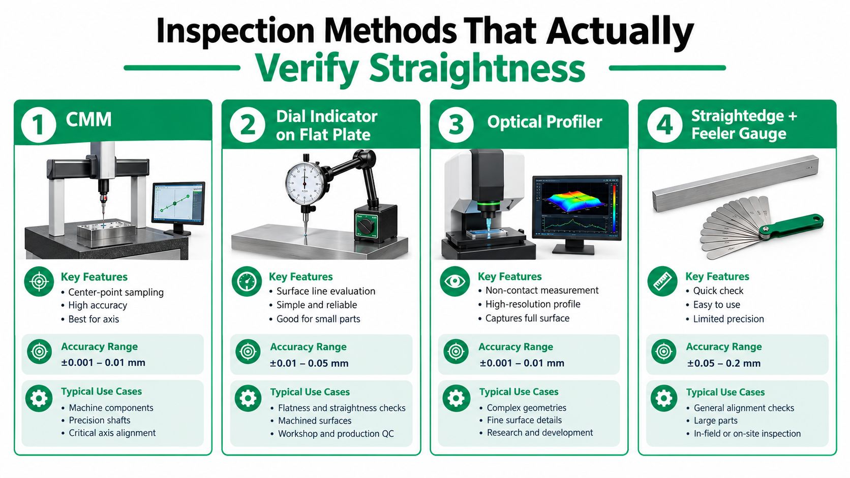 An infographic comparing four industrial inspection methods to verify geometric straightness, including CMM, dial indicators, optical profilers, and feeler gauges.
