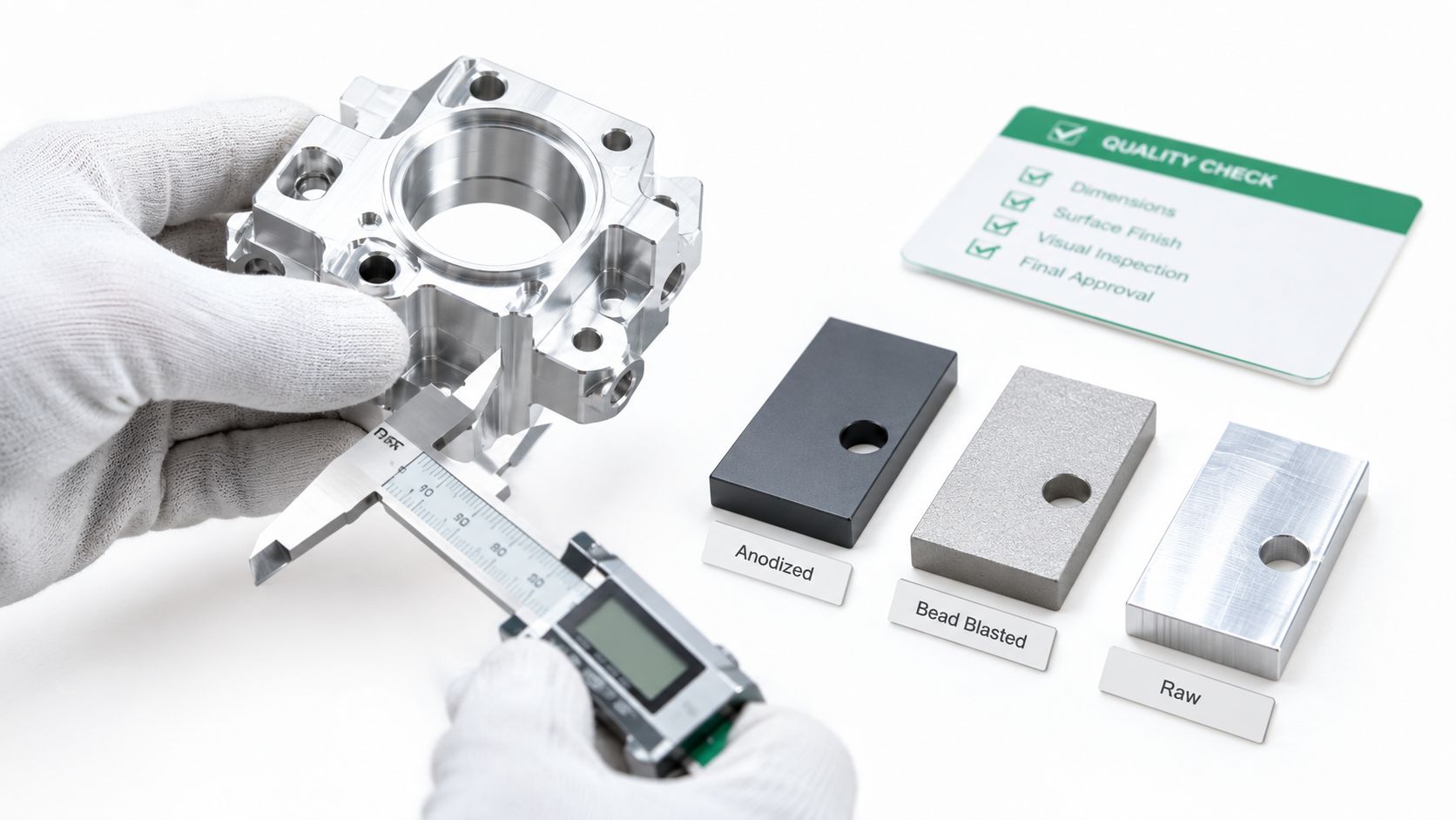 A person in white gloves uses digital calipers to measure a precision-machined metal mechanical prototype part.