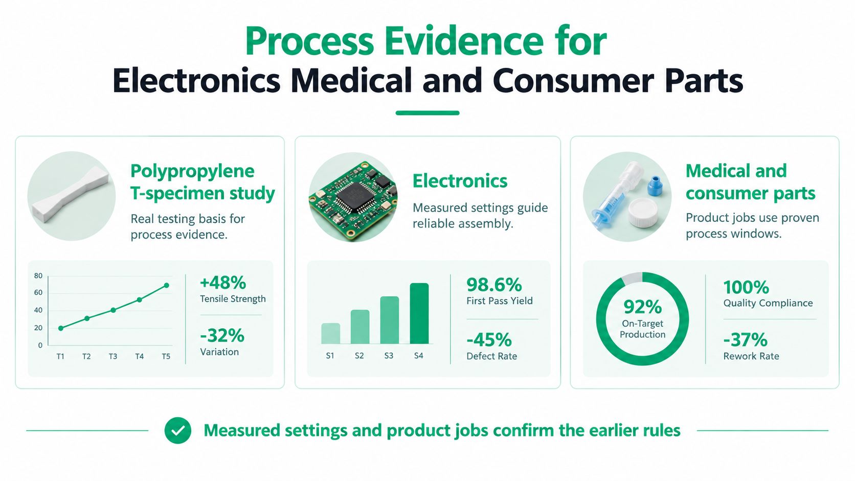 An infographic showing process evidence for electronics, medical, and consumer parts production with various performance metrics.