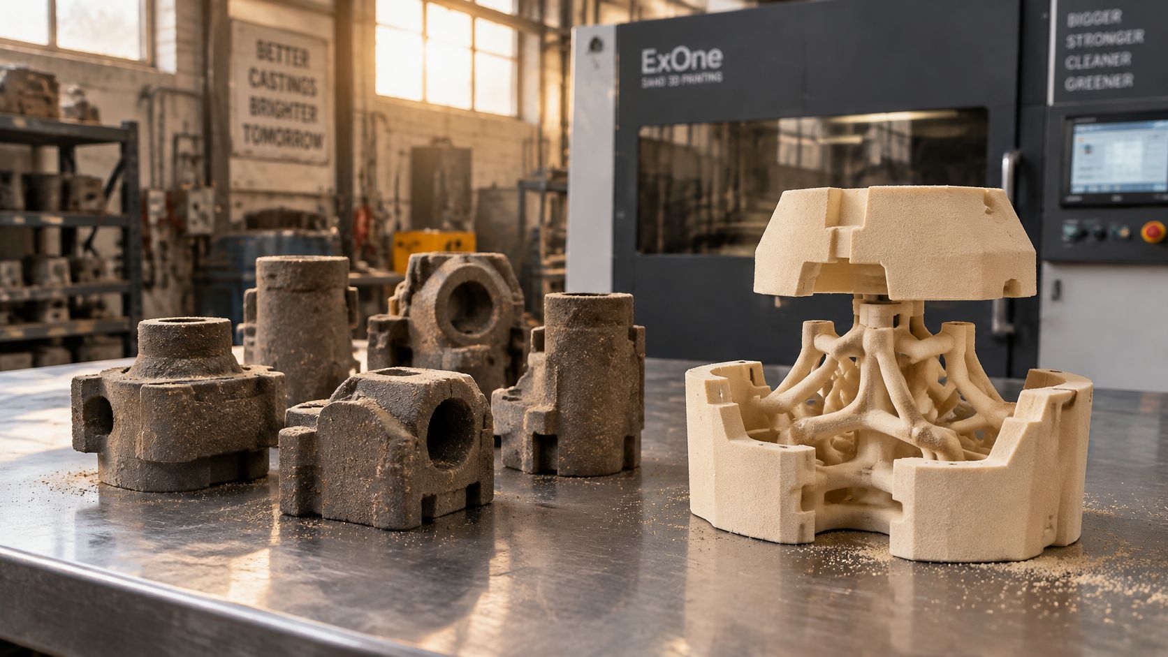Several industrial sand molds for metal casting, including a complex 3D printed mold, resting on a workshop table.