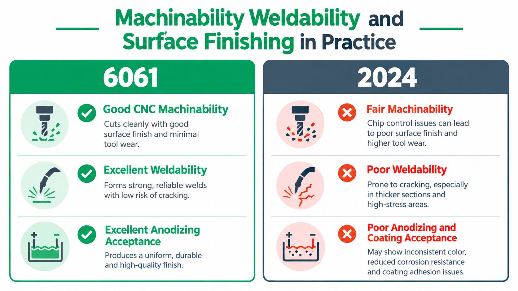 Comparison infographic between aluminum 6061 and 2024 showing differences in CNC machinability, weldability, and surface finishing characteristics.