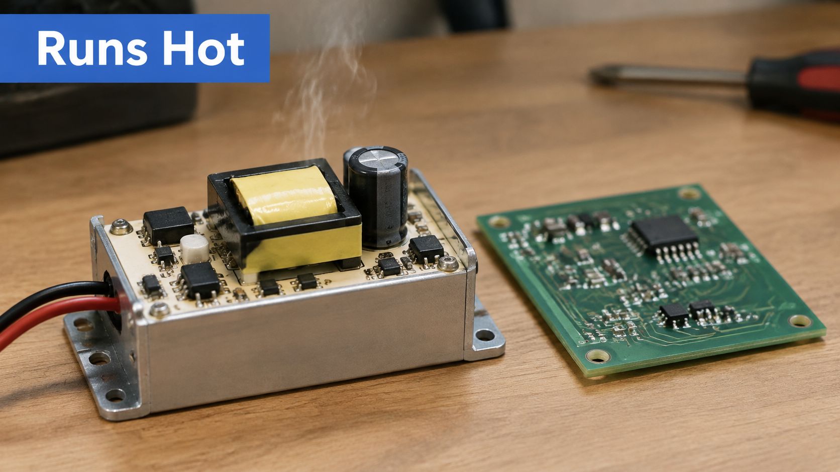 A smoking electronic power supply module sitting on a wooden table next to its disassembled circuit board.