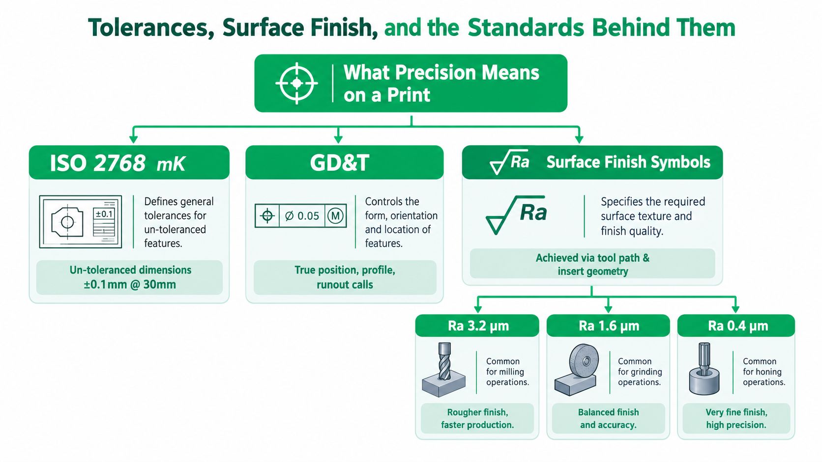A diagram illustrating engineering standards including ISO 2768, GD&T, and surface finish roughness measurements for manufacturing.