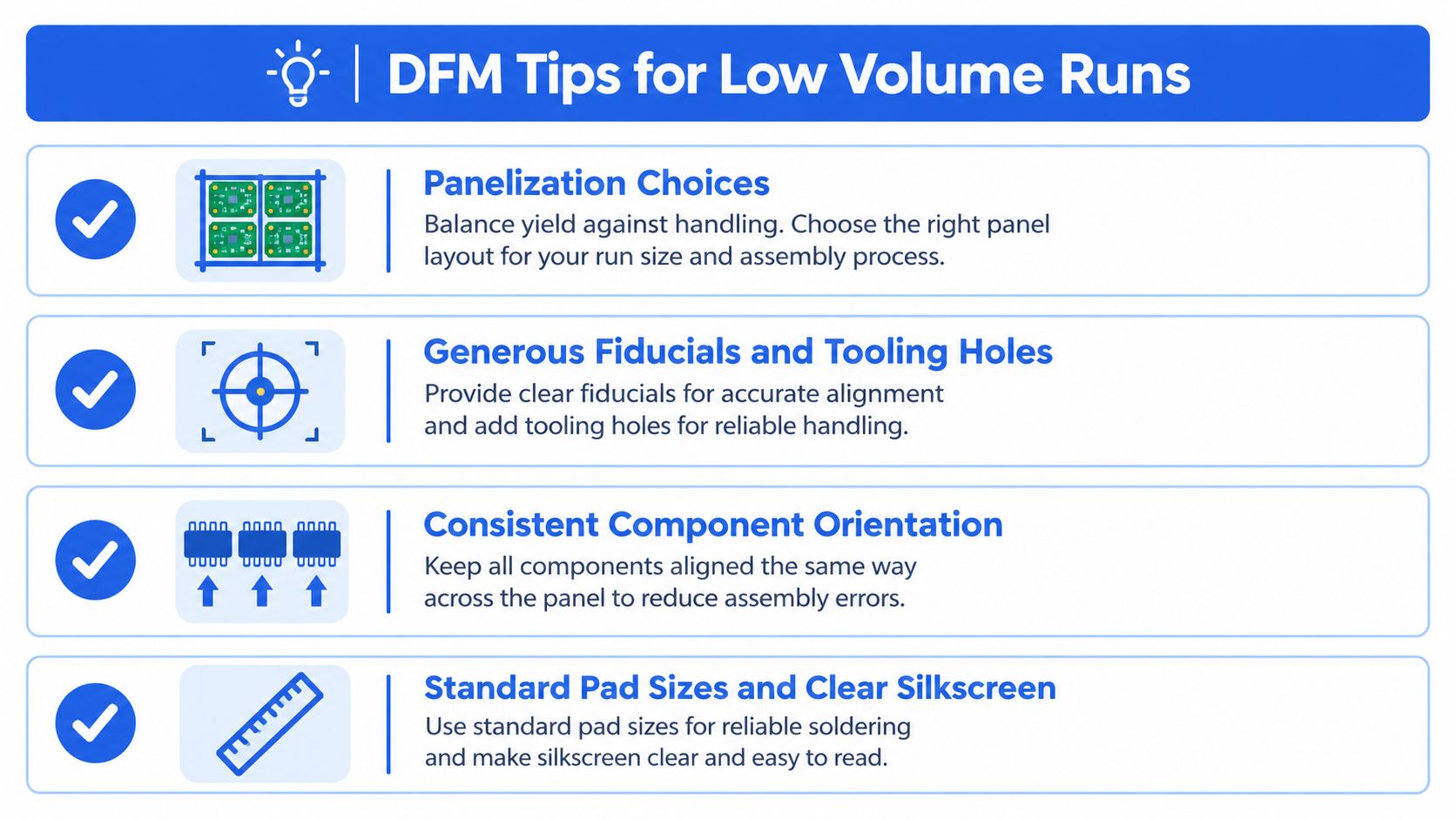 An infographic titled DFM Tips for Low Volume Runs listing four essential manufacturing design best practices.