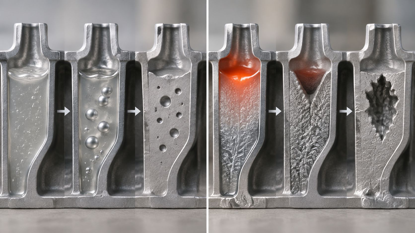 A cutaway illustration comparing two casting processes showing bubble formation versus cooling solidification patterns and shrinkage porosity.