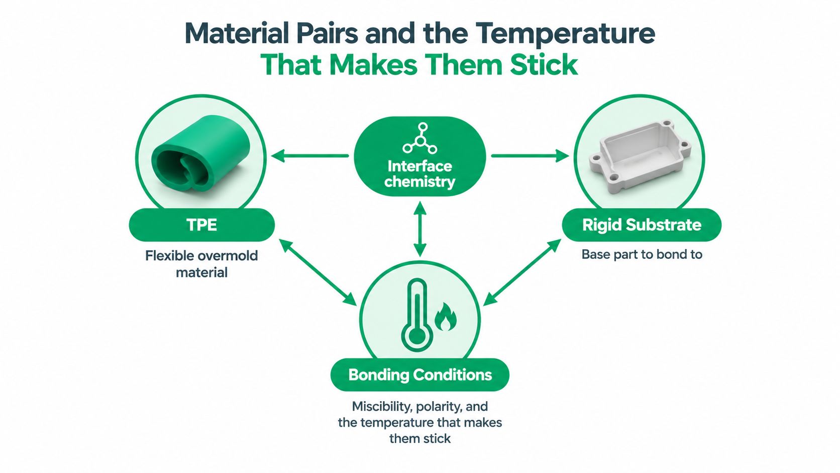 A diagram illustrating the factors necessary for effective overmolding, including TPE material, rigid substrates, and bonding conditions.
