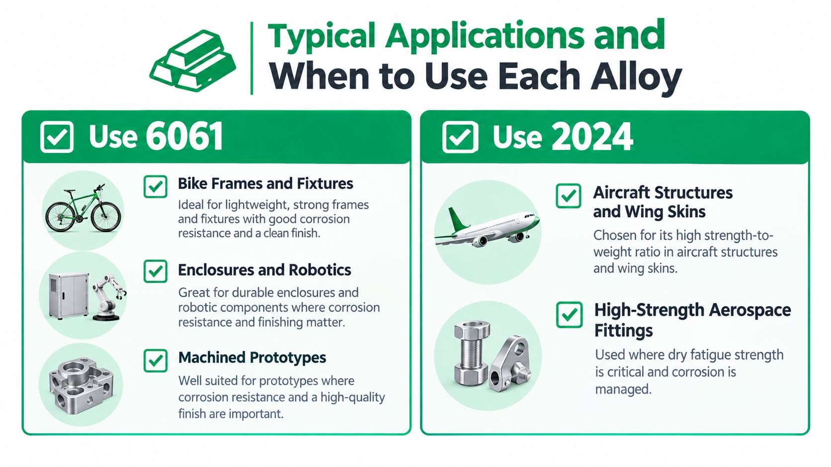 An infographic comparing typical applications and appropriate use cases for aluminum alloys 6061 and 2024.