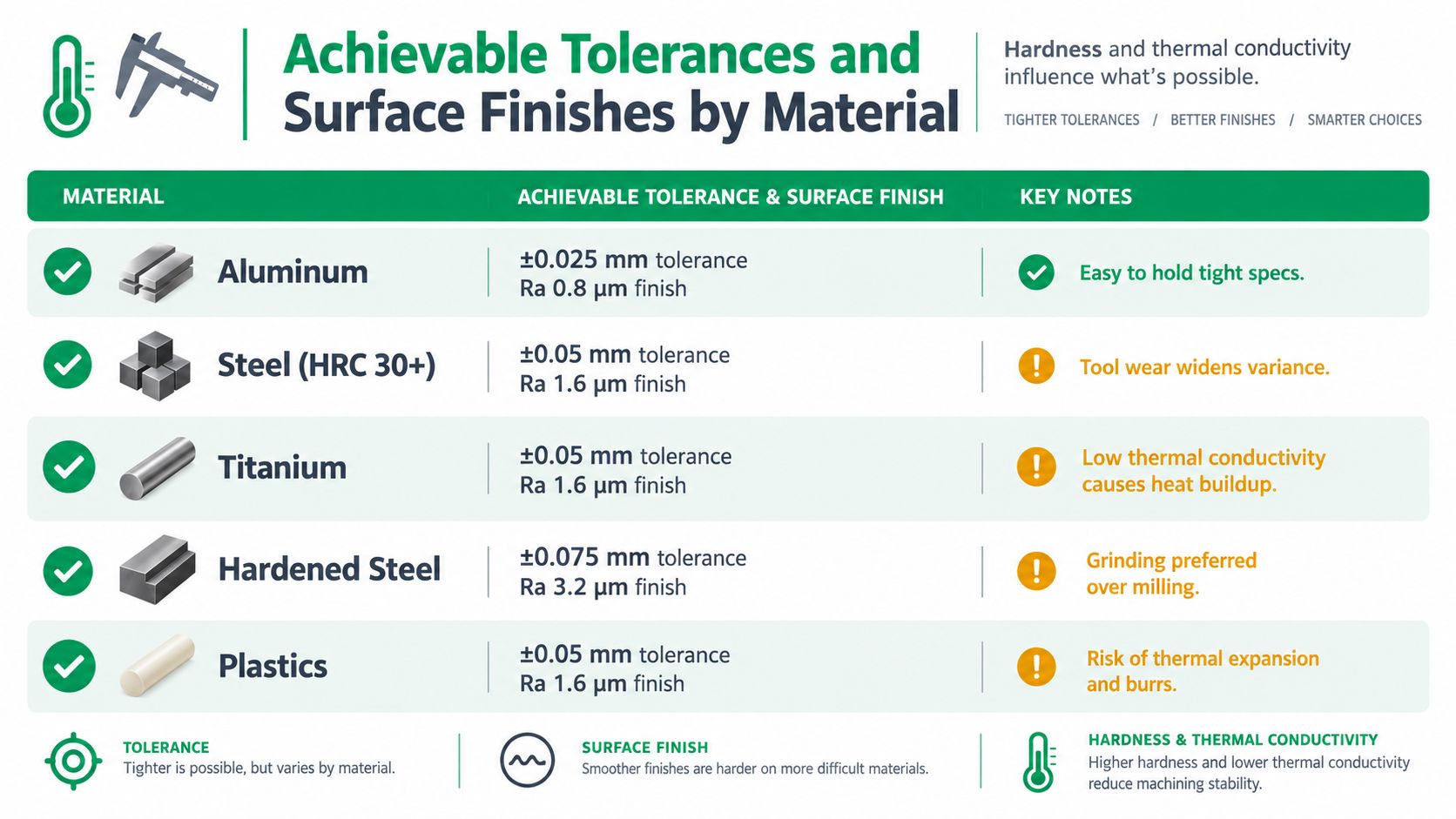 A chart comparing achievable machining tolerances and surface finishes for materials including aluminum, steel, titanium, and plastics.
