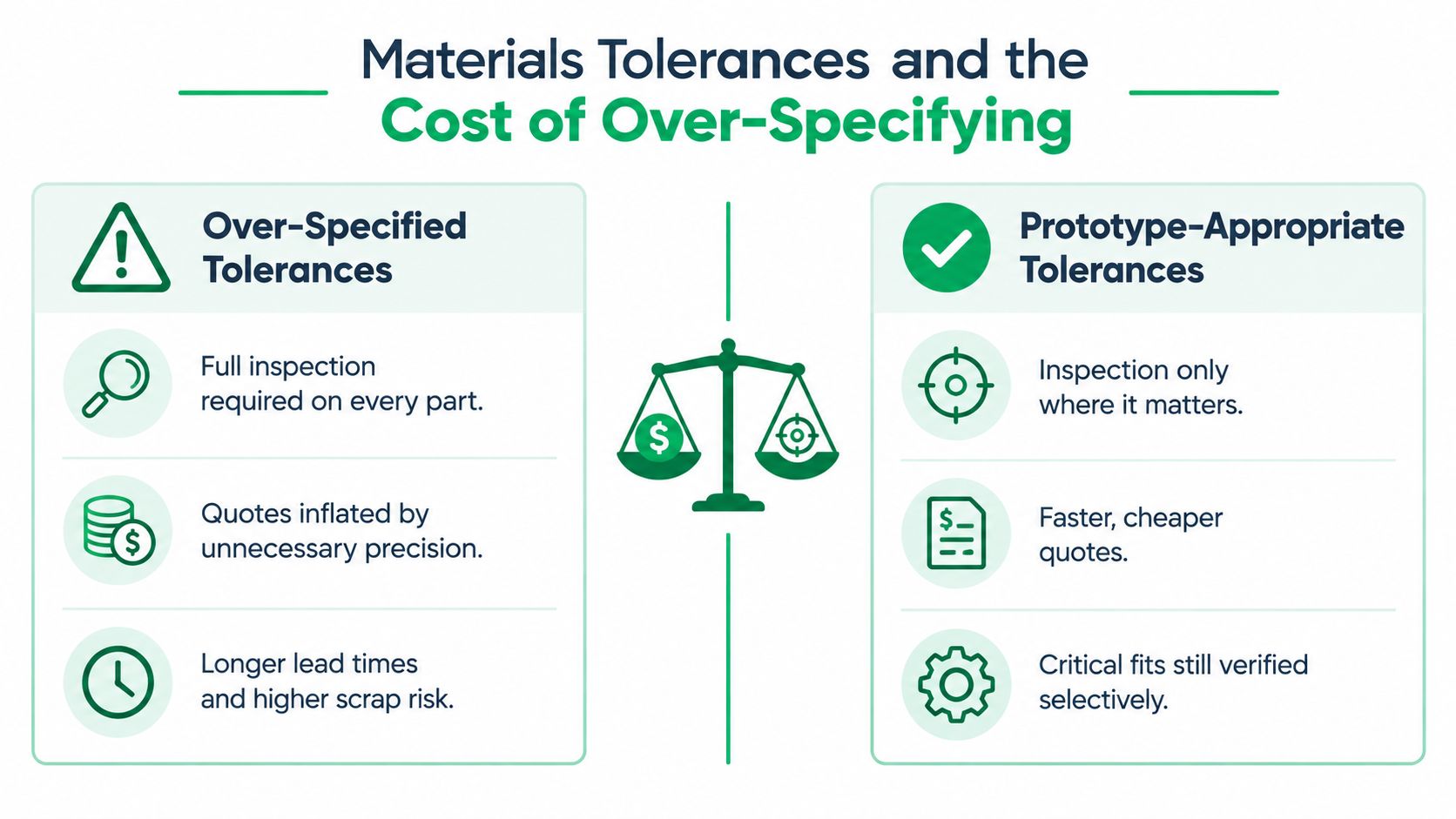 A comparison chart showing how over-specified tolerances increase costs compared to prototype-appropriate tolerances for manufacturing.