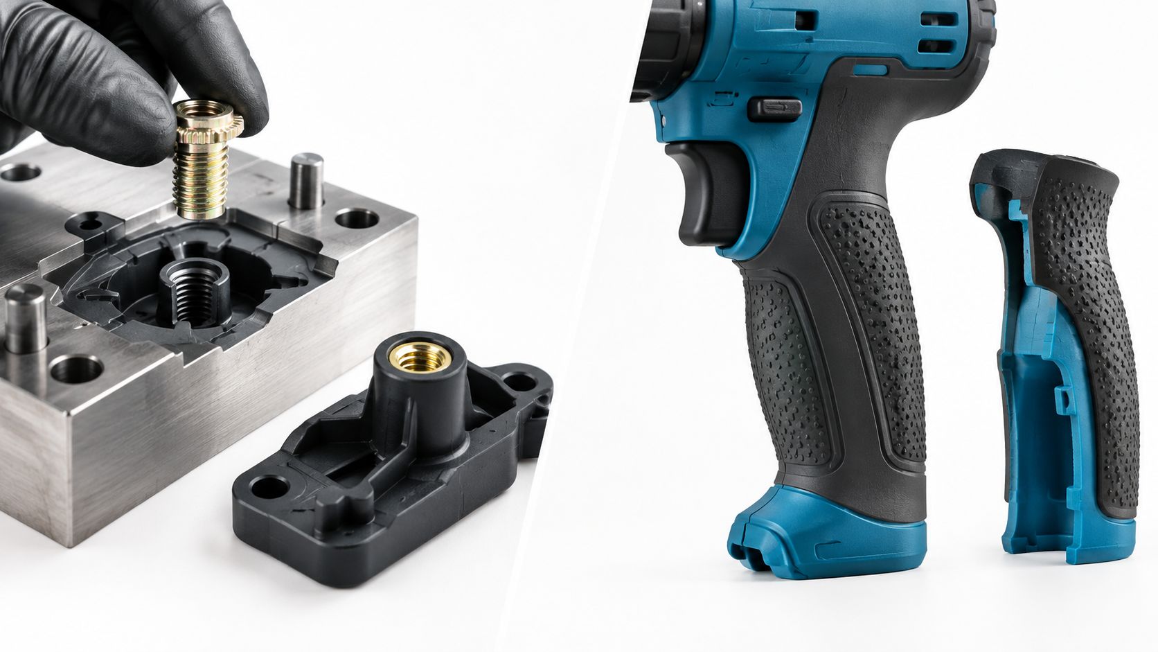 A split image showing the contrast between brass insert molding and dual-material rubber overmolding manufacturing processes.