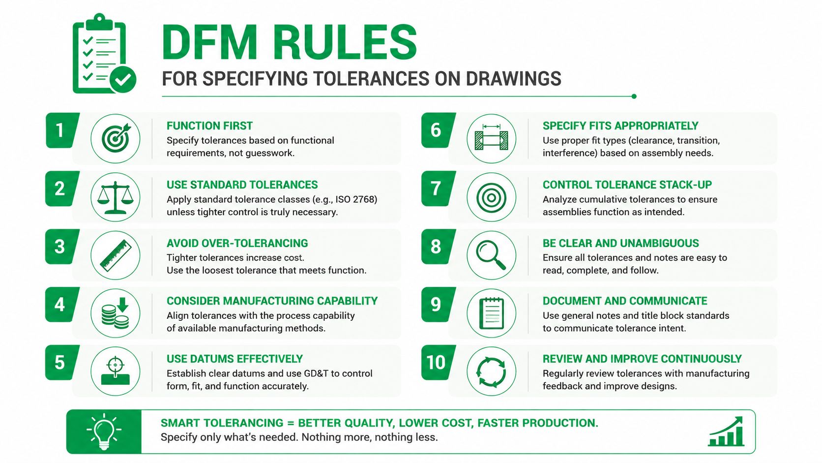 An infographic titled DFM Rules for Specifying Tolerances on Drawings featuring ten numbered tips for engineering design.