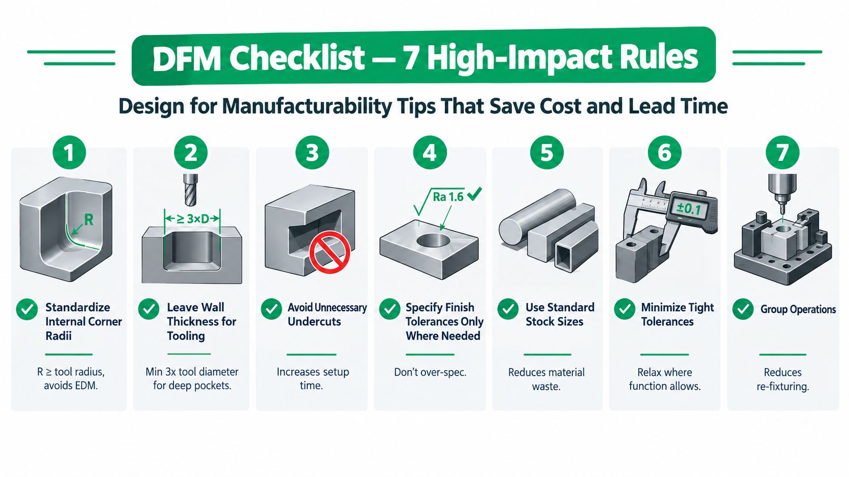 An infographic showing seven high-impact design for manufacturability rules to save costs and reduce production lead time.