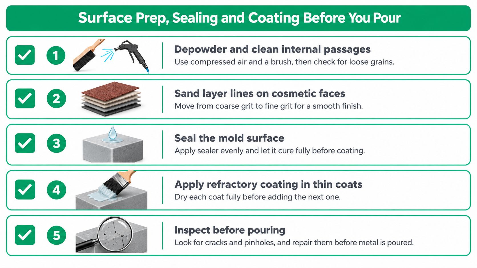 A five-step instructional guide on how to prepare, seal, and coat 3D printed molds before casting.