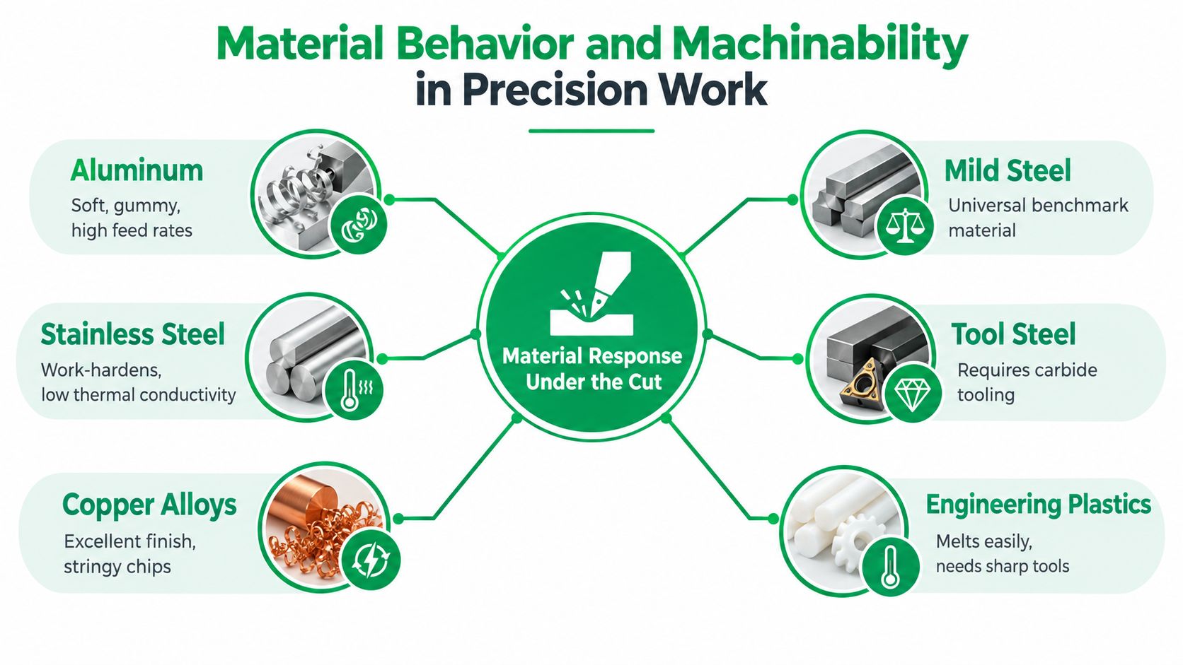 A diagram illustrating the machining characteristics of various materials including aluminum, stainless steel, copper alloys, mild steel, tool steel, and plastics.